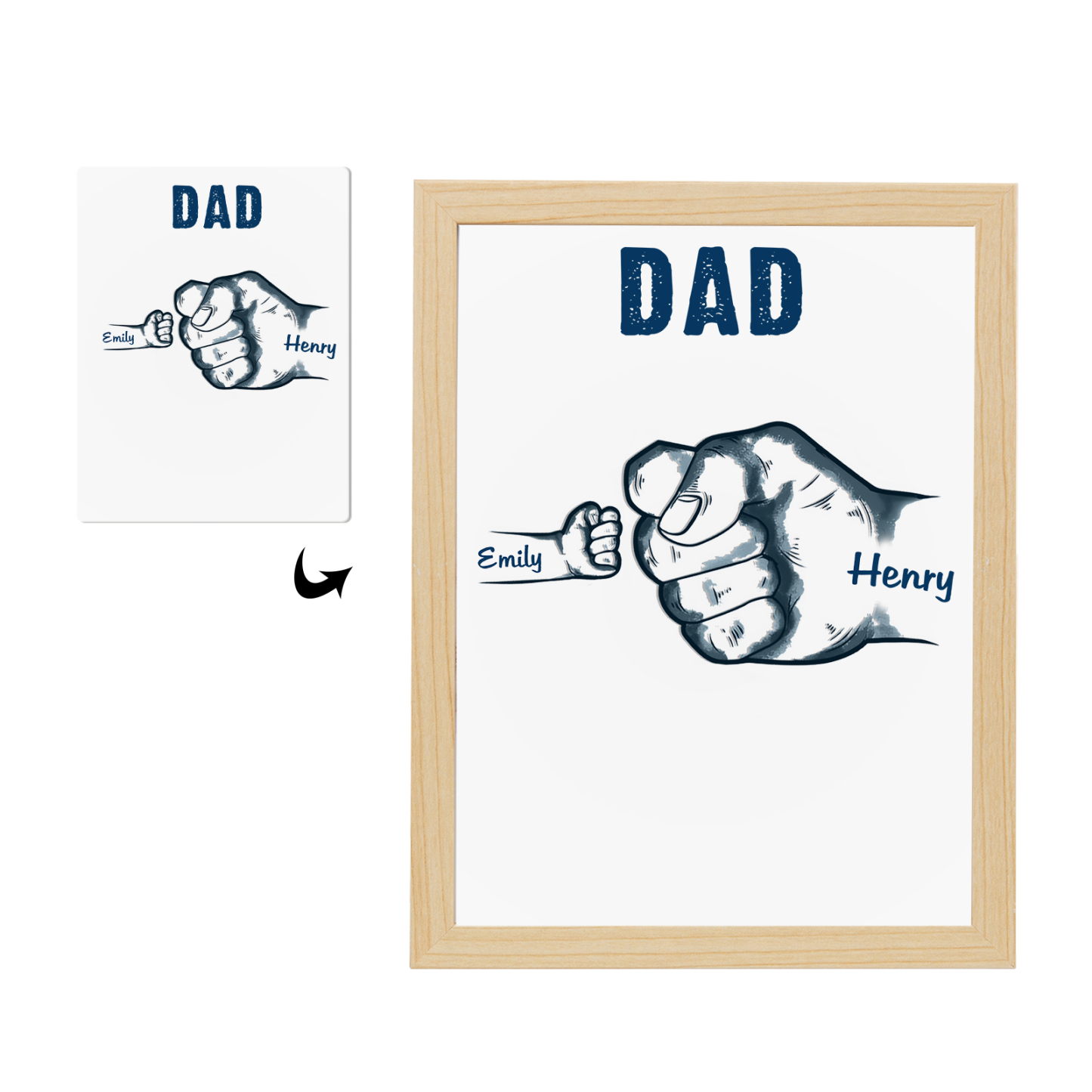 2 Names-Personalized Dad LED Light Fist Wooden Photo Frame -Custom Text & Names, Adjustable 3 Colors