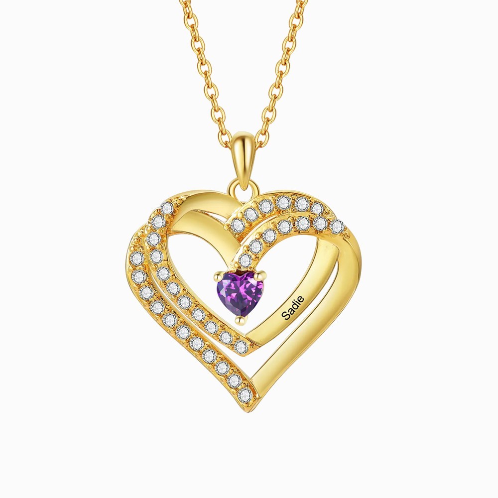 Personalised 925 Sterling Silver Heart Necklace with Names and Birthstones