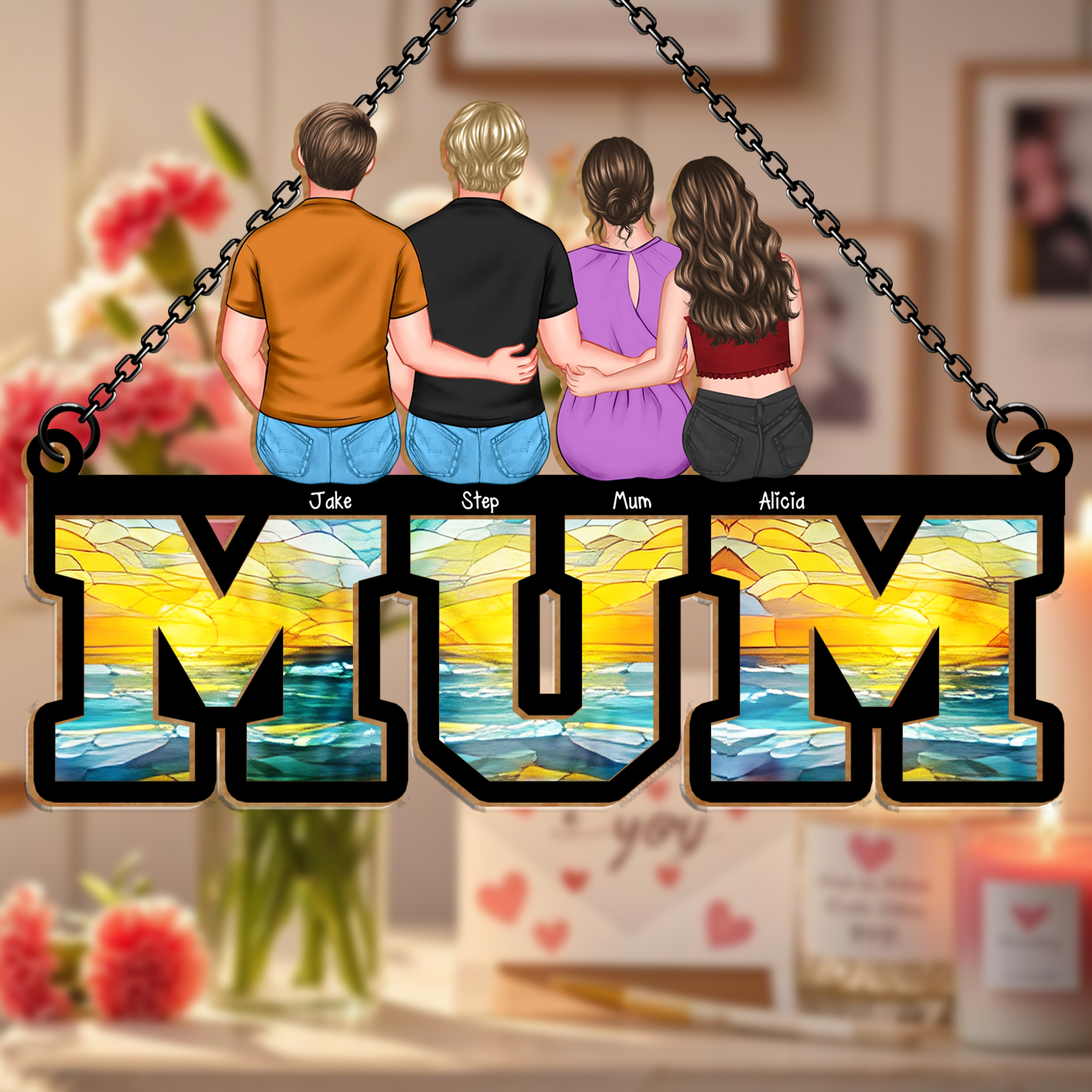 Personalised “MUM” Hanging Sign – Custom Mother’s Day Gift with Family Illustration and Names | Jessemade