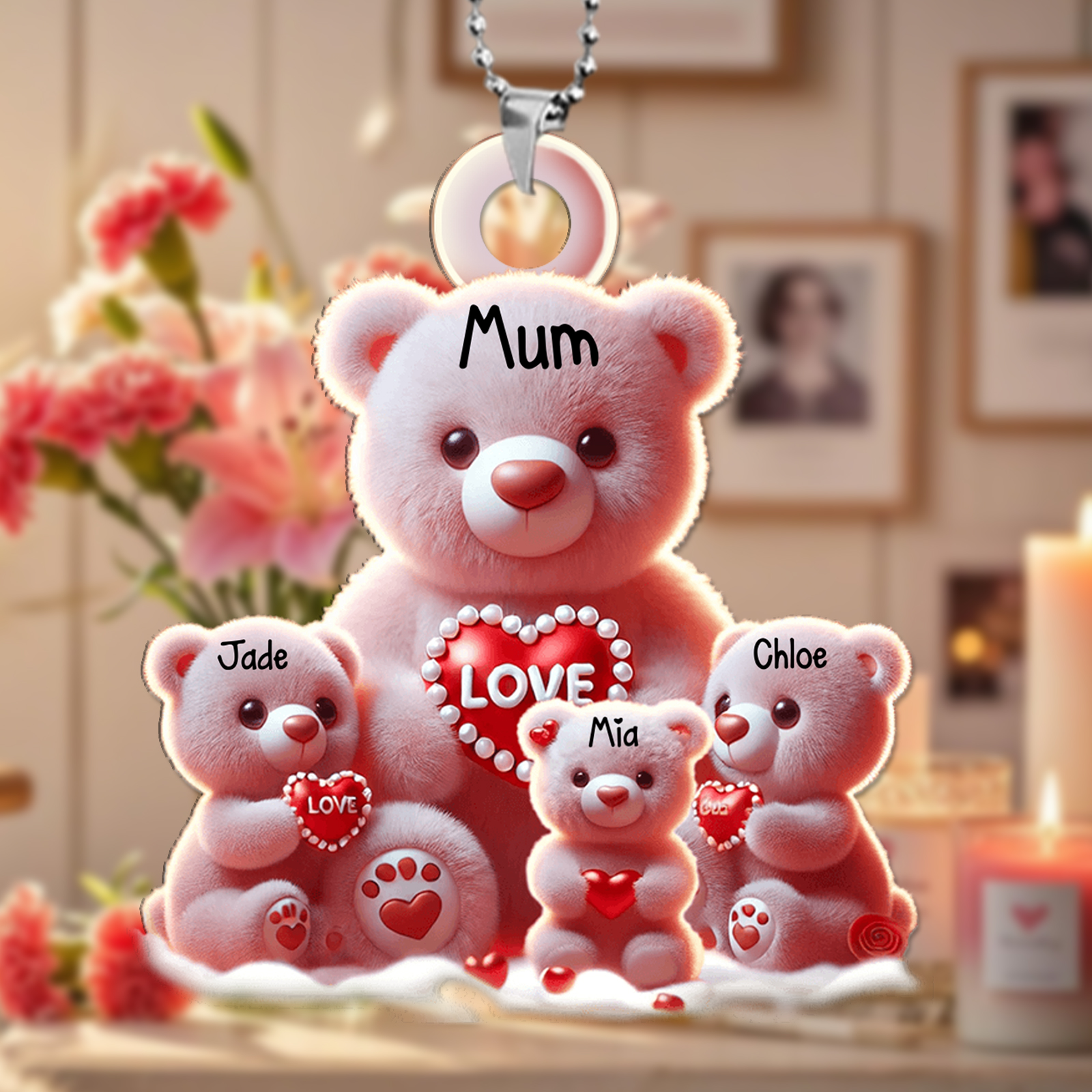 Personalised Teddy Bear Keyring – Custom Name Pendant with 1-8 Names