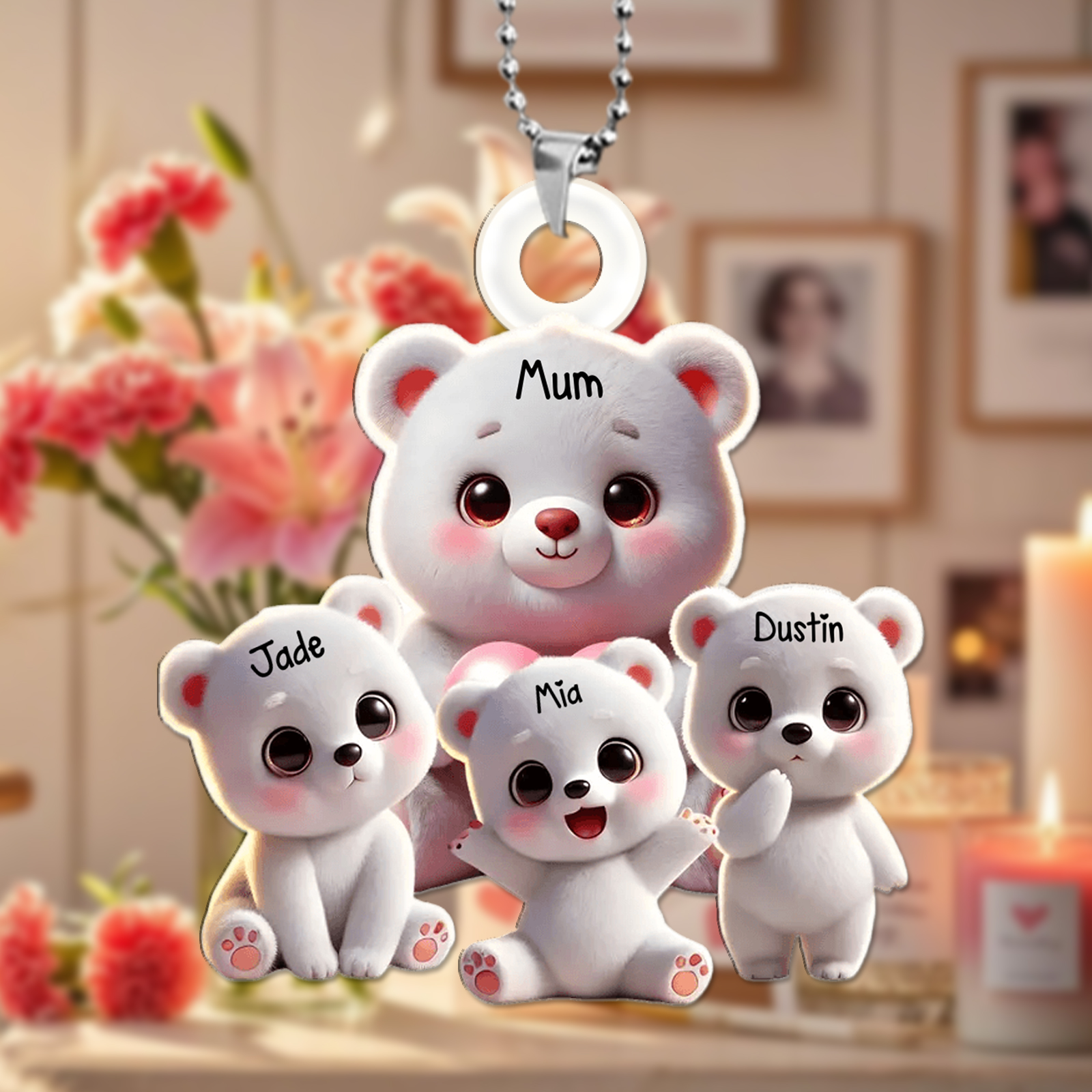 Personalised 1-10 Names Teddy Bear Keyring – Custom Family Bear Pendant Keychain Gift | Jessemade