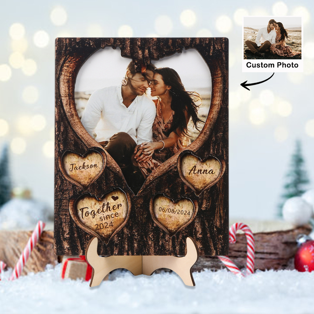 Personalised Couple Heart-Shaped Wooden Plaque with Custom 1 Photo, 2 Names & 2 Dates Christmas Gift for Him/Her | Jessemade