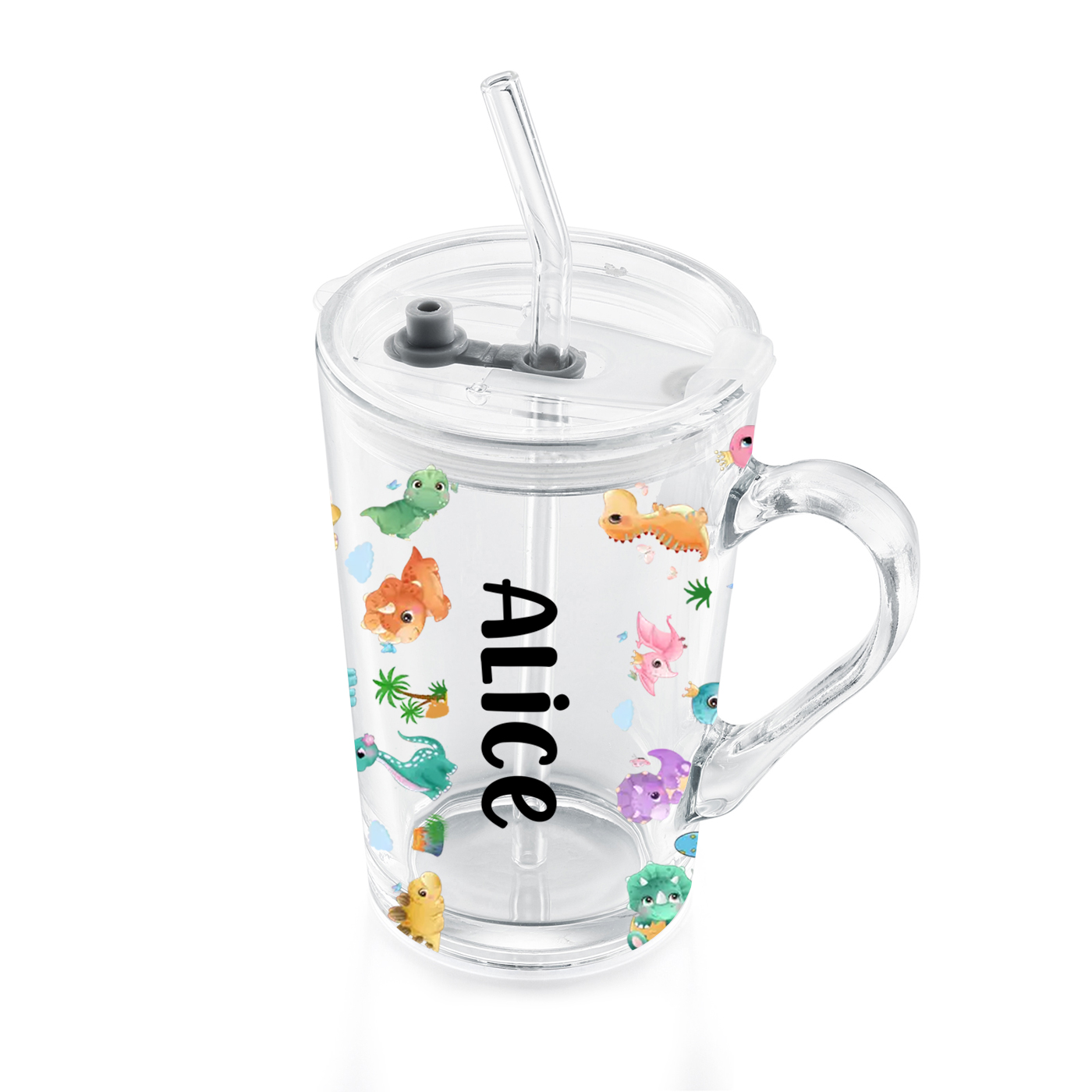 Personalised Name Glass Mug 450ml with Lid & Straw – Multi-Colour & Pattern | Back to School Gift – Jessemade