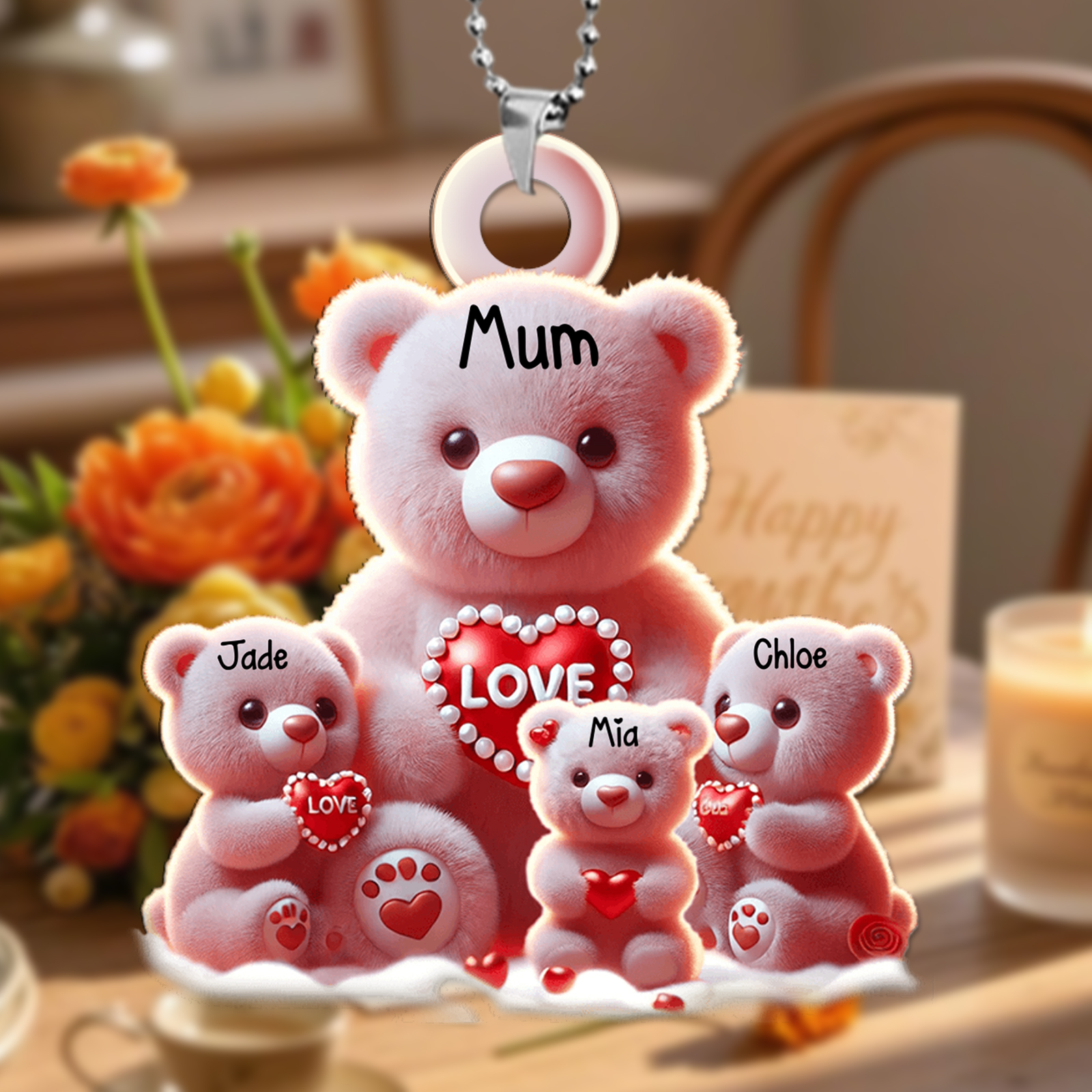 Personalised Teddy Bear Keyring – Custom Name Pendant with 1-8 Names