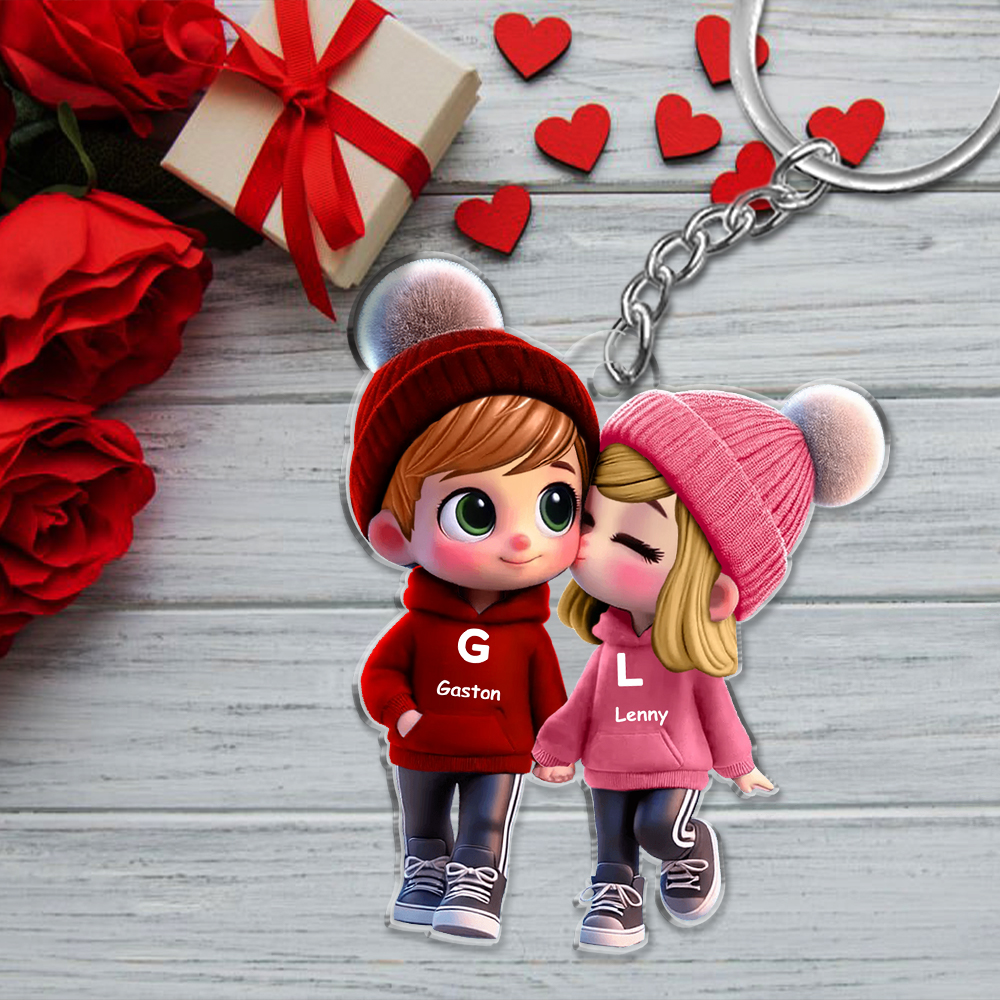Personalised Cartoon Couple Keyring with 2 Names, Letters & Characters - Valentine’s Day Gift for Couple | Jessemade