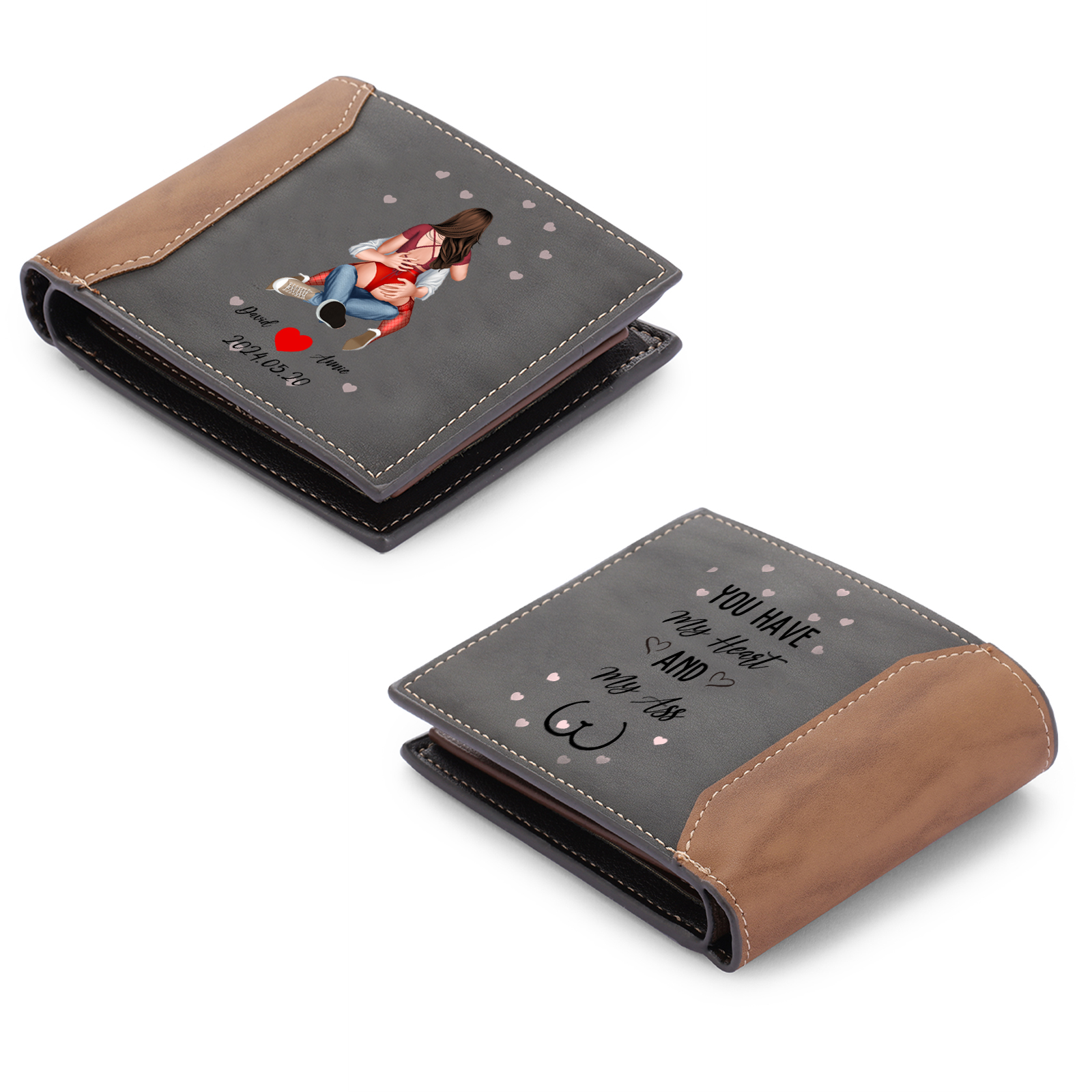 Personalised PU Leather Wallet – with Custom 2 Names, Characters, and Date – "You Have My Heart and My Ass" – Valentine’s Day Gift for Him | Jessemade