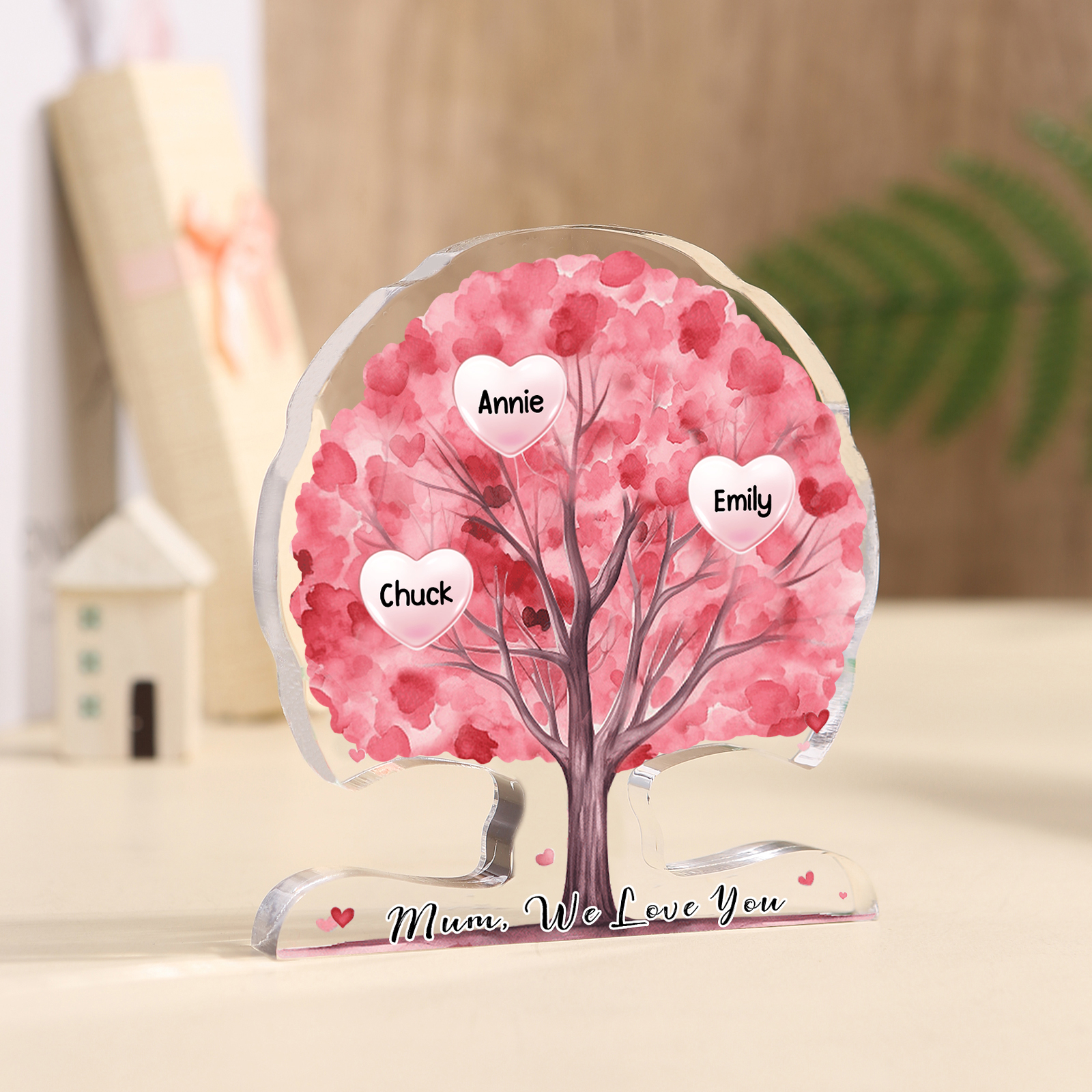 Personalised Heart Family Tree Ornament – Custom 3 Names & 1 Text – Un
