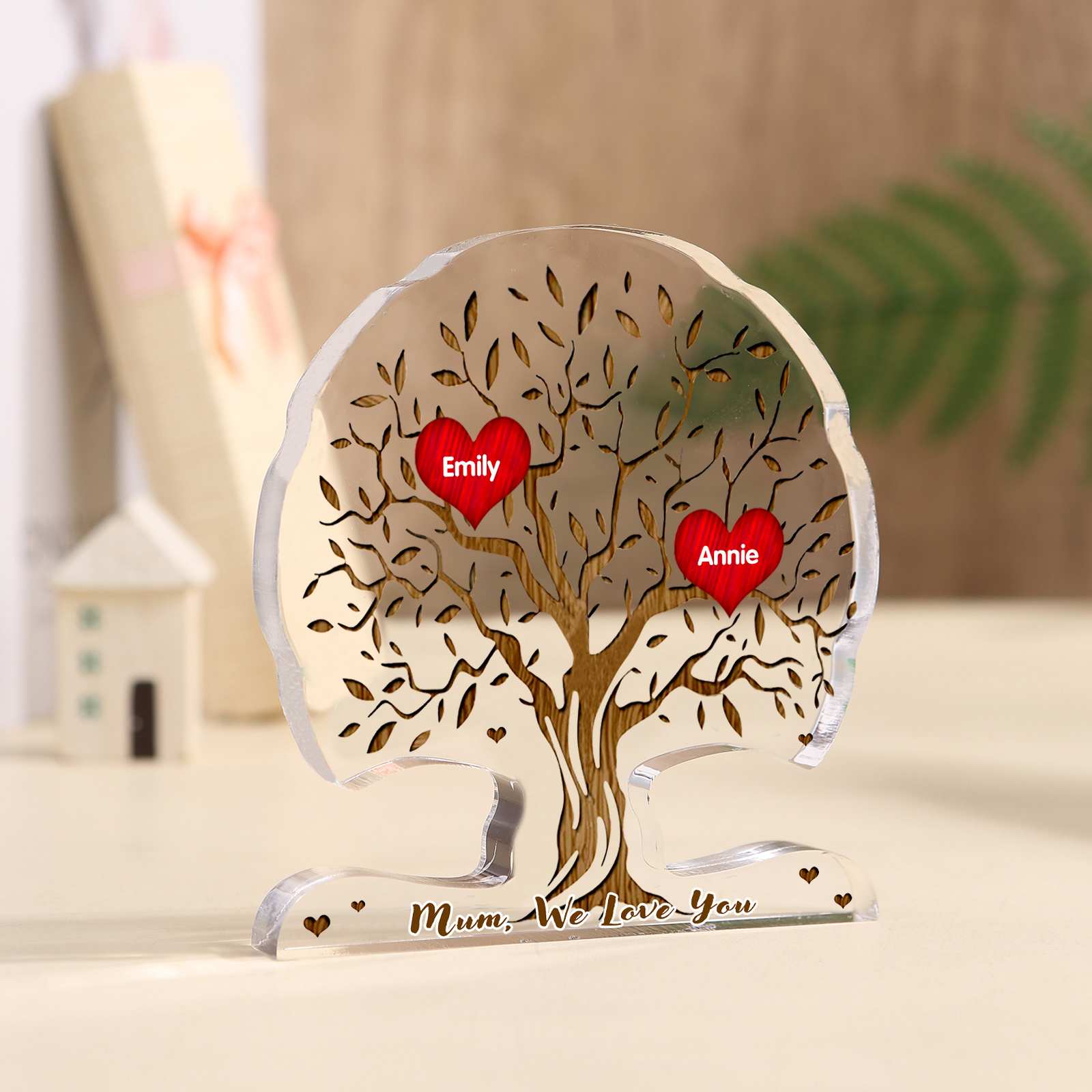 Personalised Heart Family Tree Ornament – Custom 2 Names & 1 Text – 3 