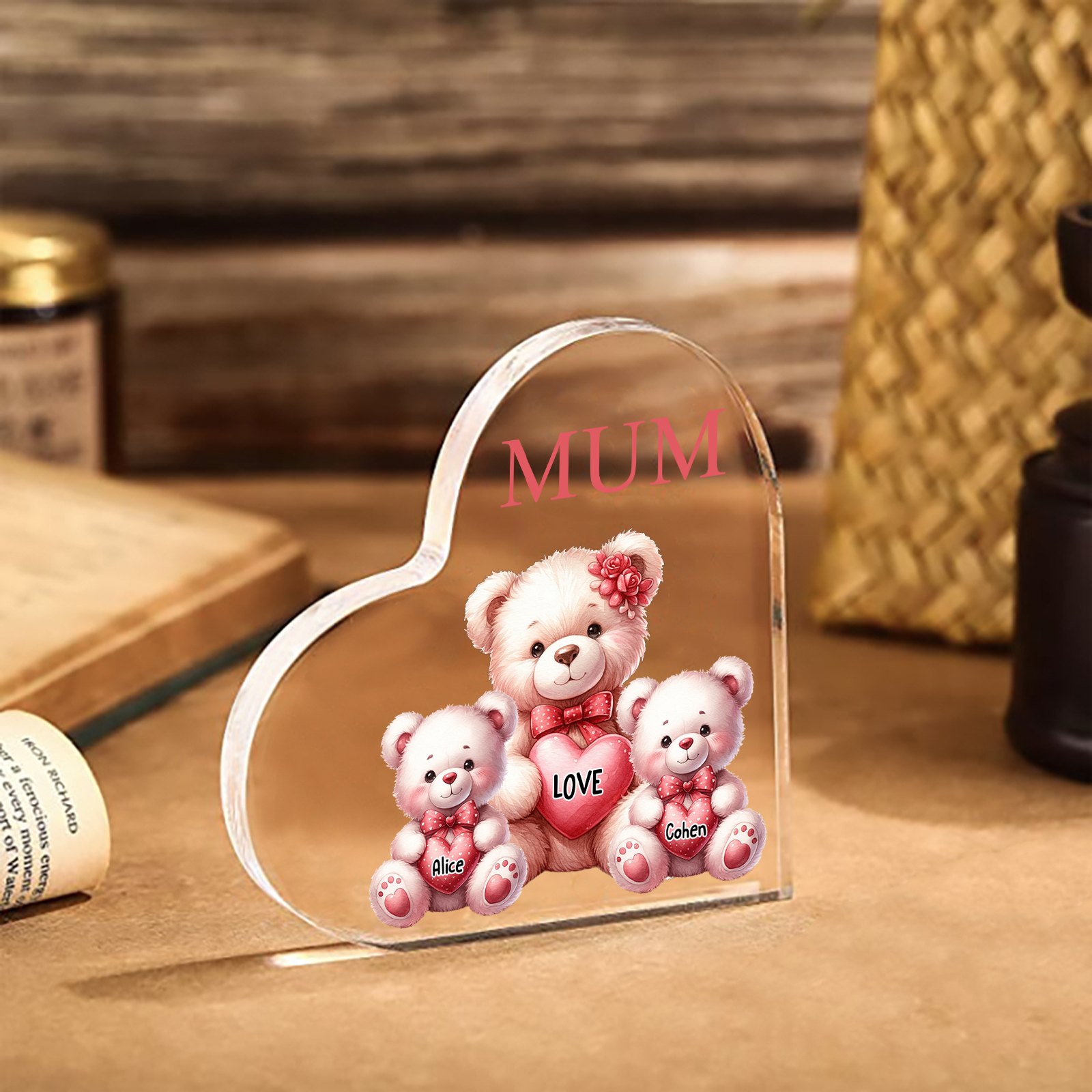 Personalised 2 Names&1Text Bear Heart-Shaped Acrylic Plaque – Custom Family Ornament Gift for Mum/Nan | Jessemade