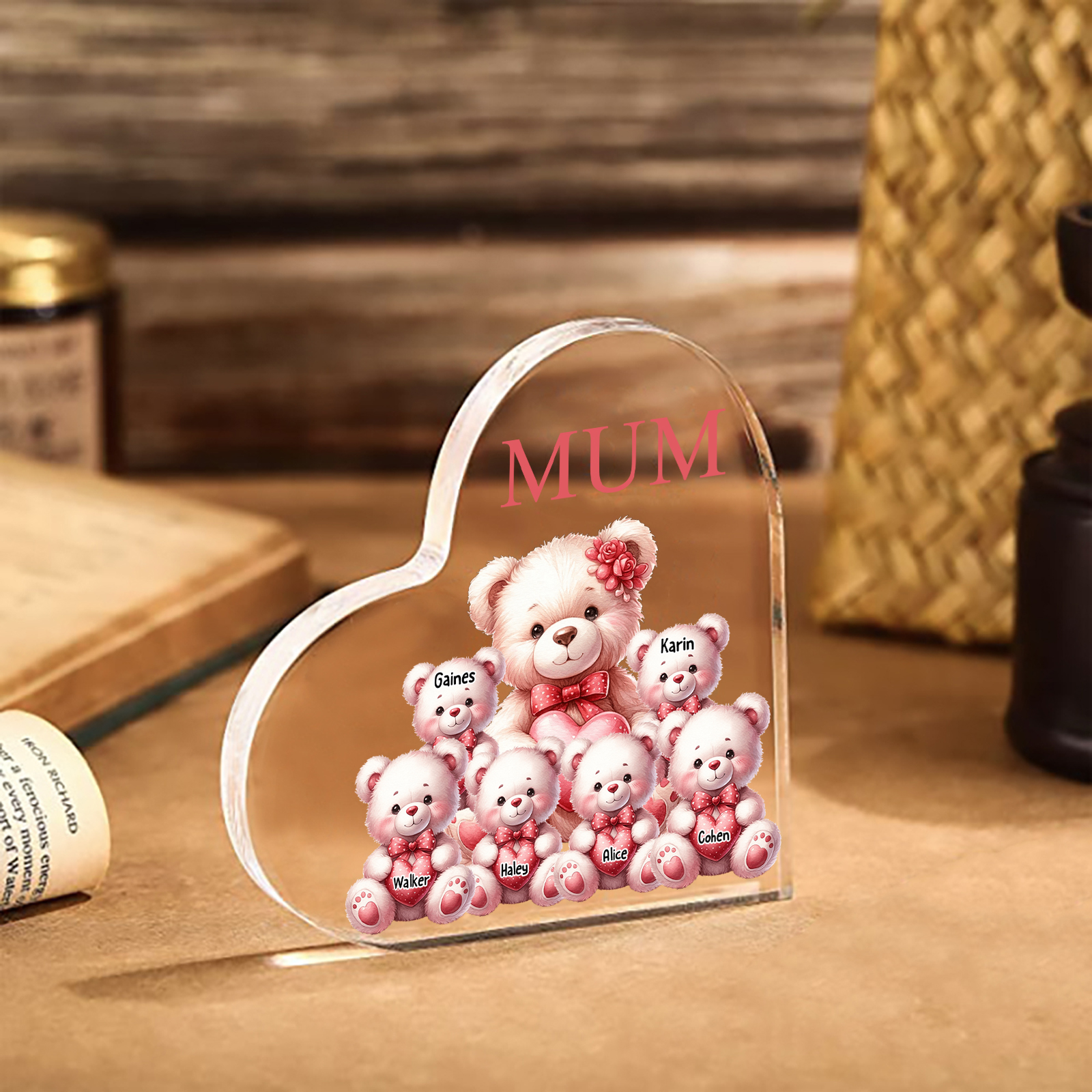 Personalised 6 Names&1Text Bear Heart-Shaped Acrylic Plaque – Custom Family Ornament Gift for Mum/Nan | Jessemade