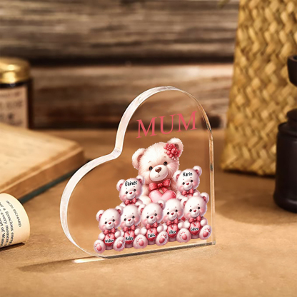 Personalised 7 Names&1Text Bear Heart-Shaped Acrylic Plaque – Custom Family Ornament Gift for Mum/Nan | Jessemade