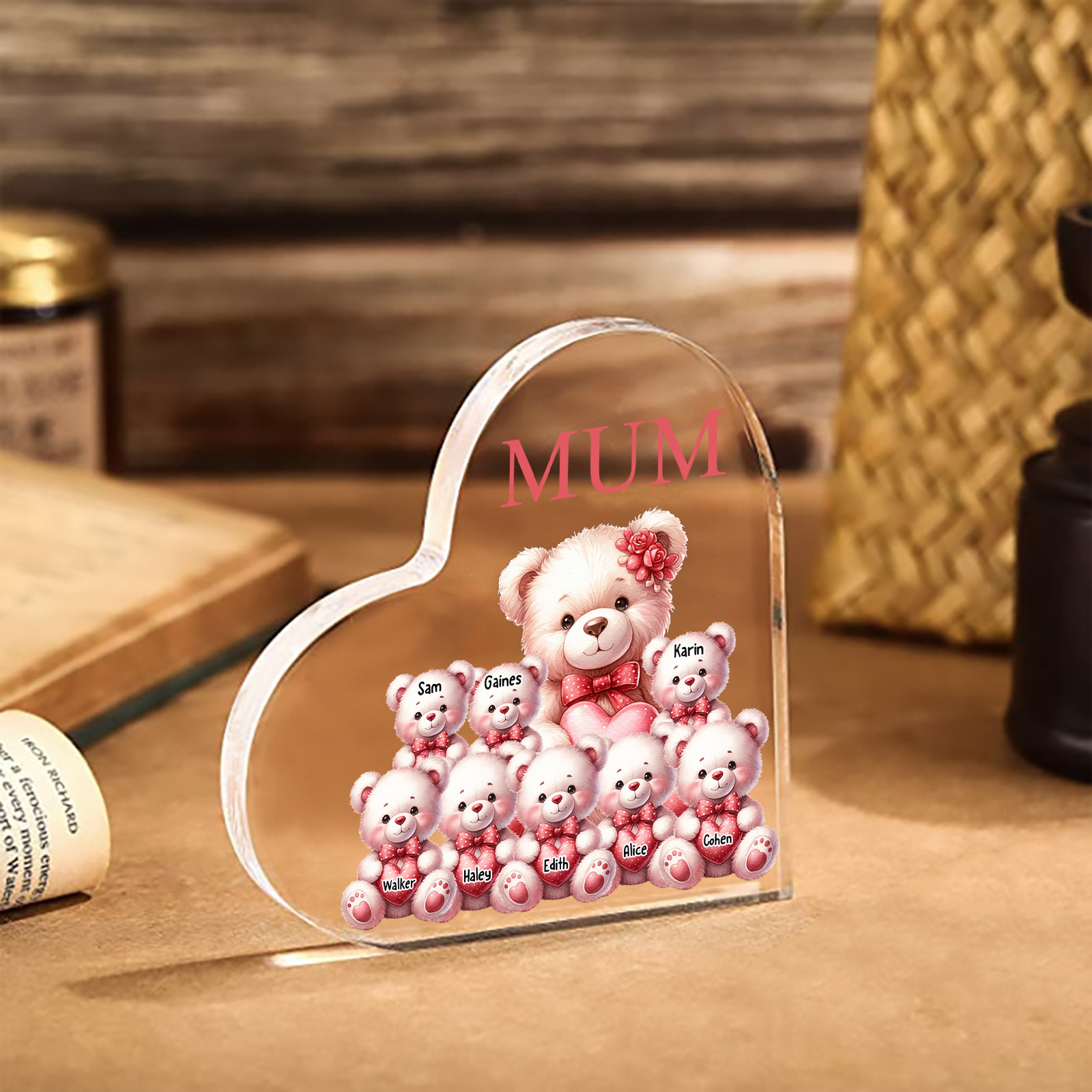 Personalised 8 Names&1Text Bear Heart-Shaped Acrylic Plaque – Custom Family Ornament Gift for Mum/Nan | Jessemade