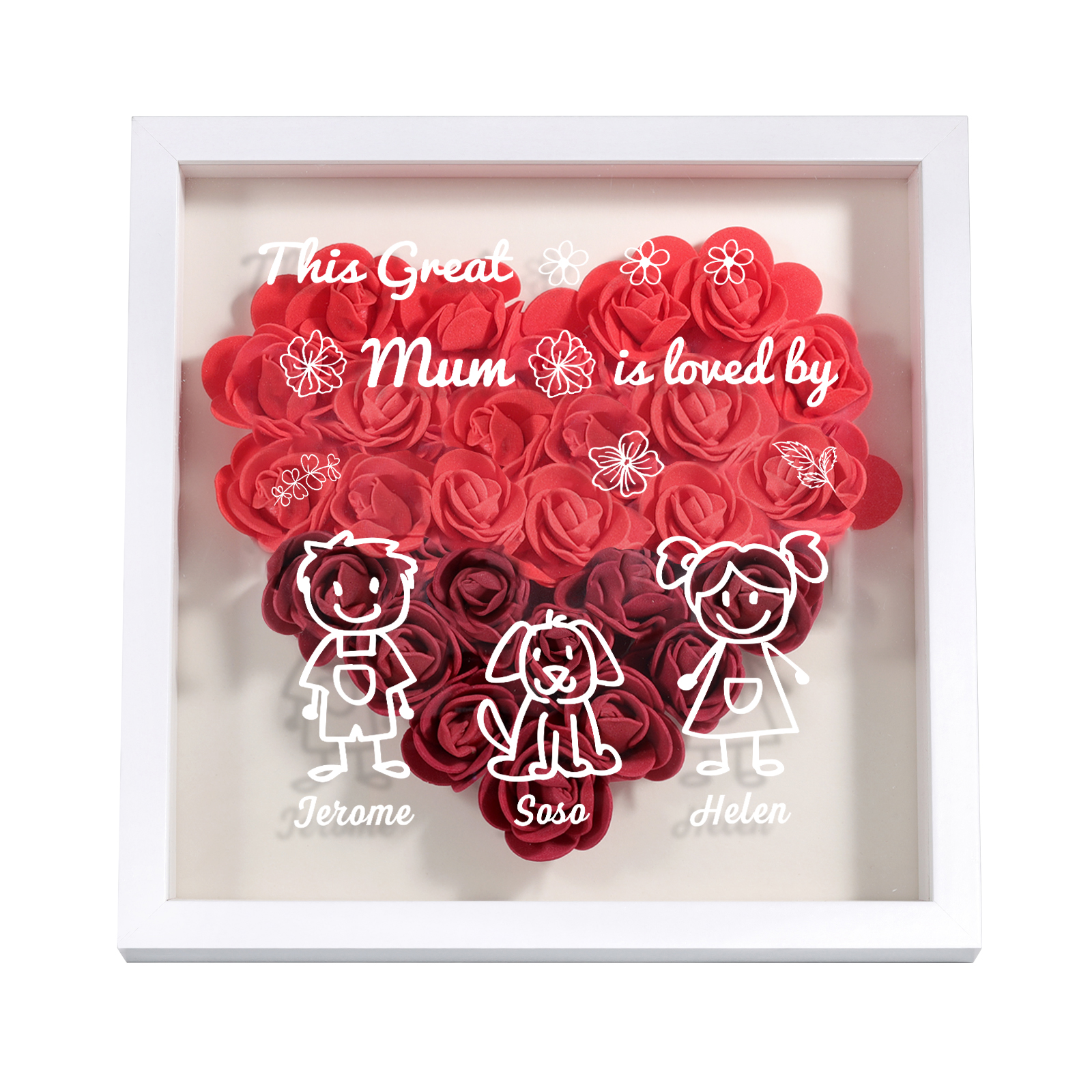 Personalised 3D Floral Shadow Box – Custom 3 Kids&Pets Names –This Great Mum Is Loved By- Gift for Mum, Nan & Loved Ones| Jessemade