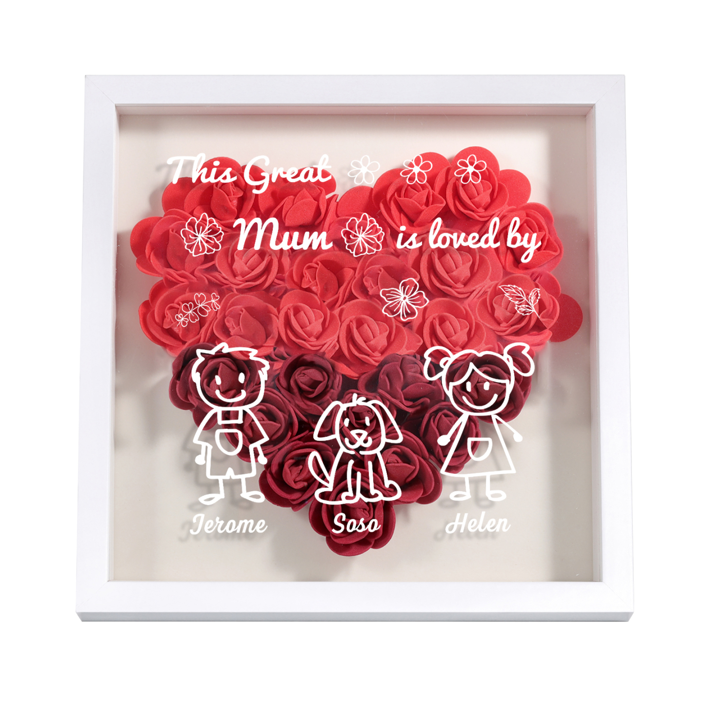 Personalised 3D Floral Shadow Box – Custom 3 Kids&Pets Names –This Great Mum Is Loved By- Gift for Mum, Nan & Loved Ones| Jessemade