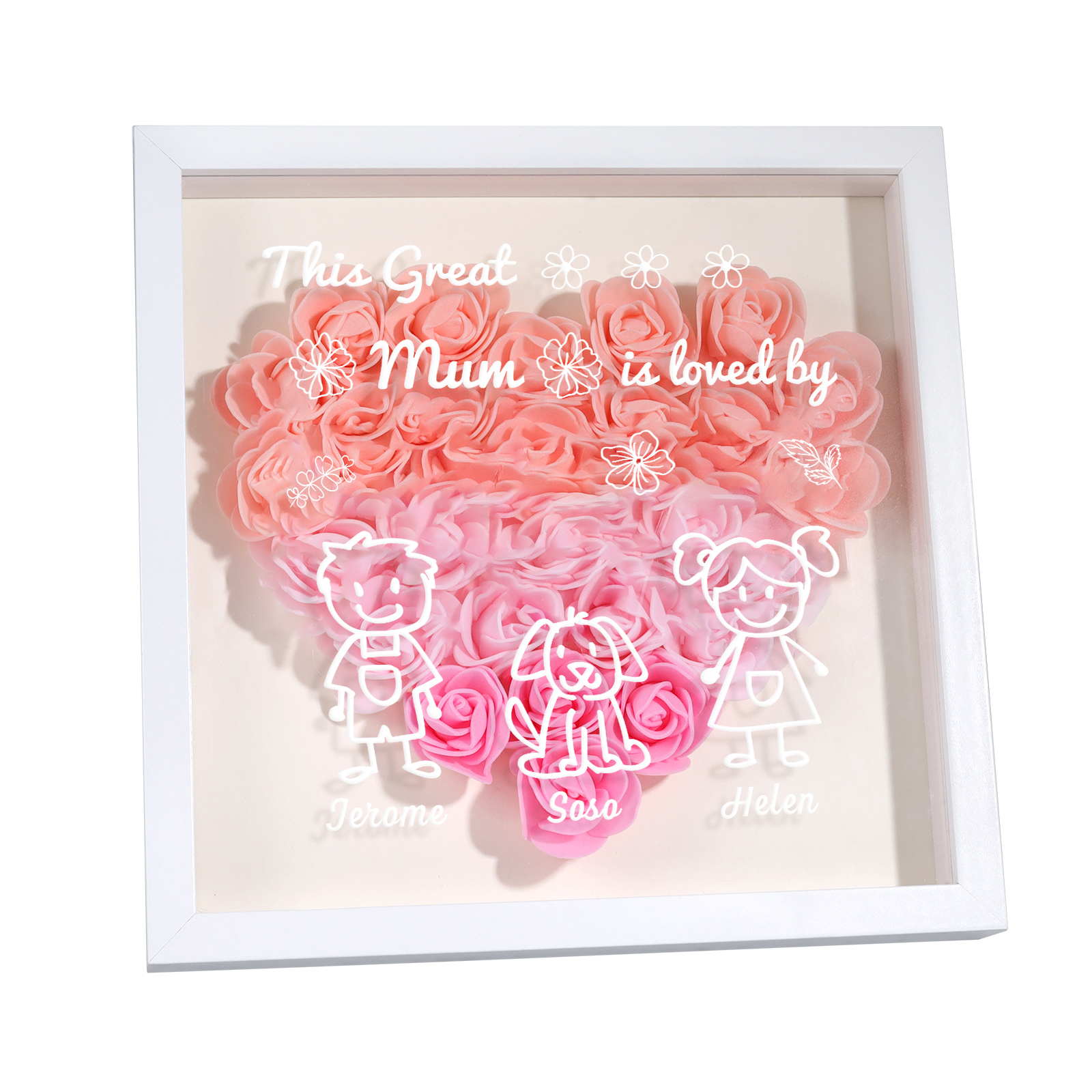 Personalised 3D Floral Shadow Box – Custom 3 Kids&Pets Names –This Great Mum Is Loved By- Gift for Mum, Nan & Loved Ones| Jessemade