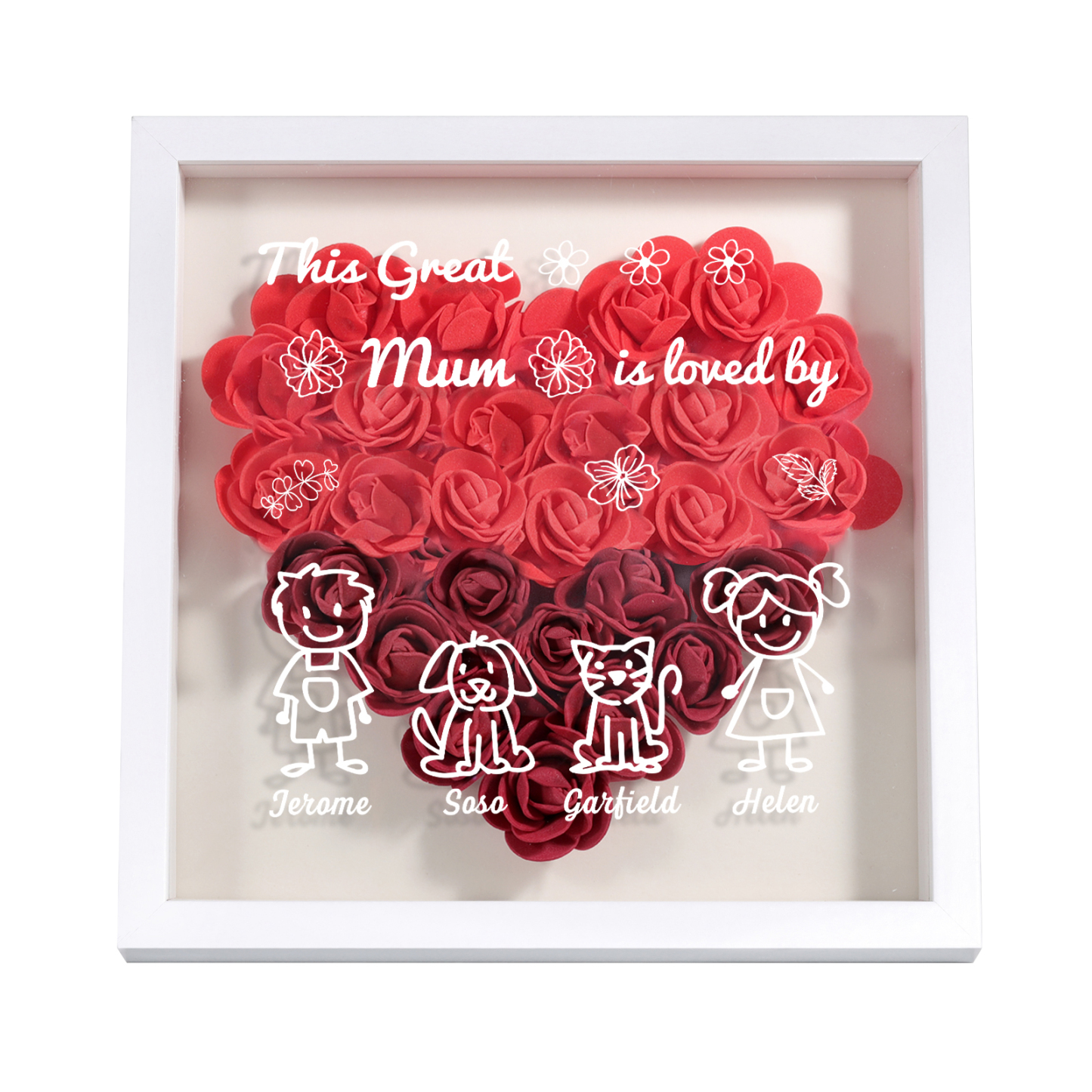 Personalised 3D Floral Shadow Box – Custom 4 Kids&Pets Names –This Great Mum Is Loved By- Gift for Mum, Nan & Loved Ones| Jessemade
