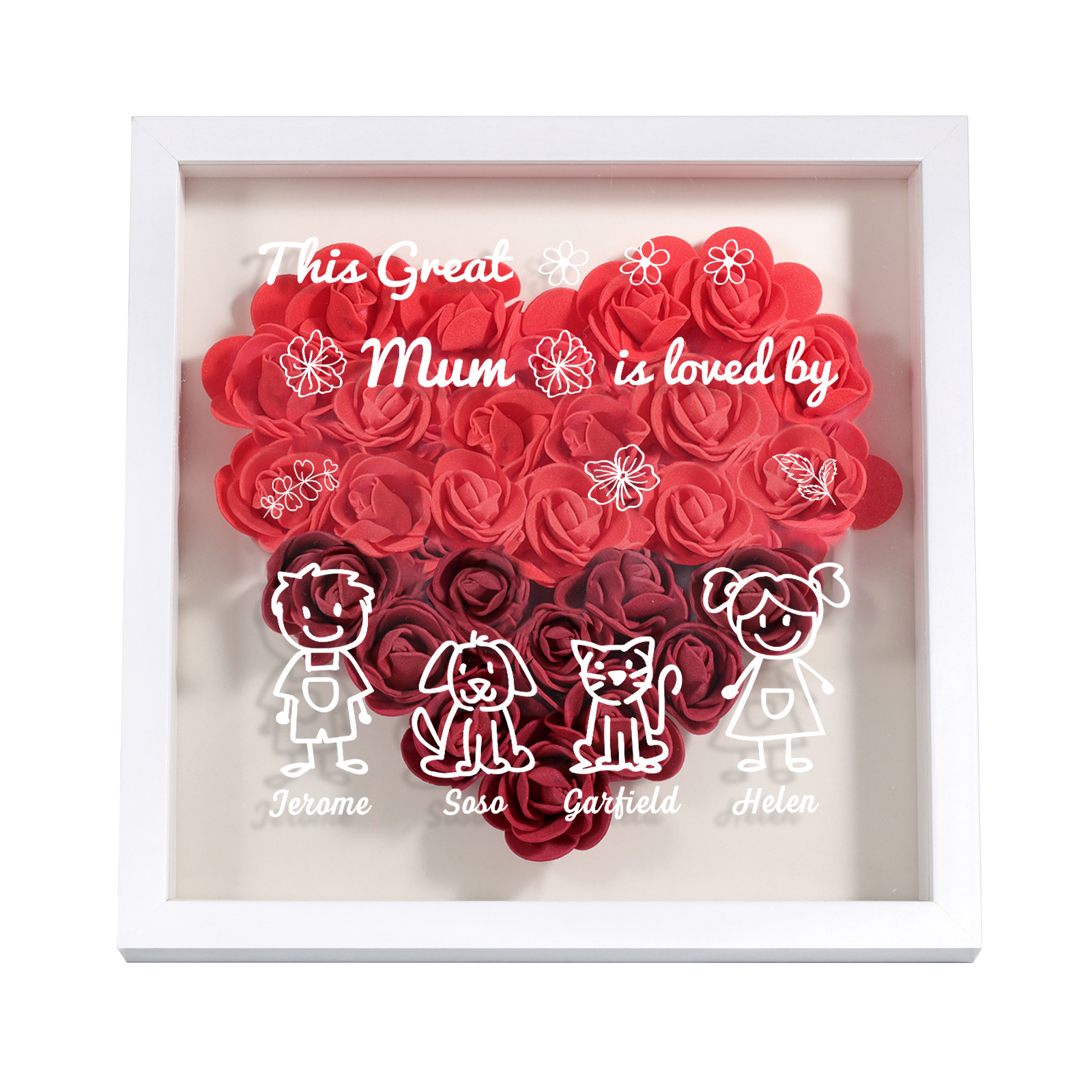 Personalised 3D Floral Shadow Box – Custom 4 Kids&Pets Names –This Great Mum Is Loved By- Gift for Mum, Nan & Loved Ones| Jessemade