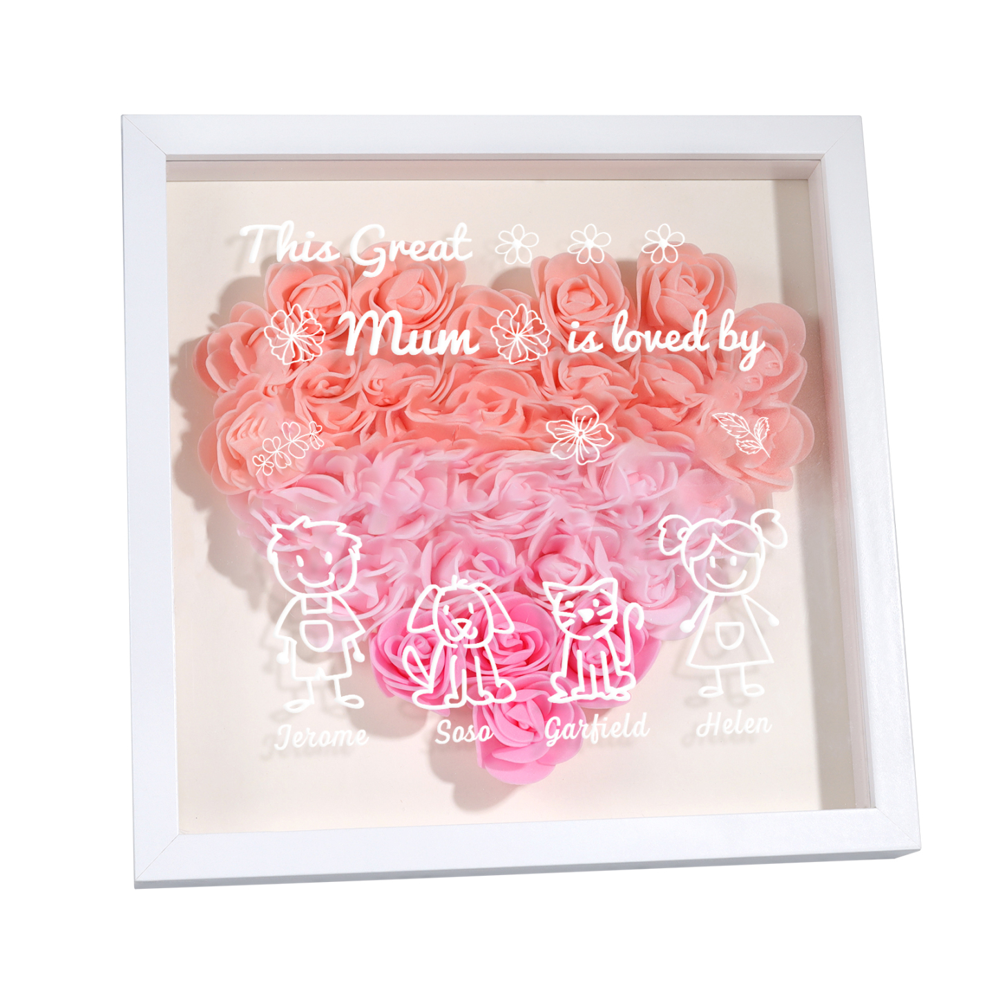 Personalised 3D Floral Shadow Box – Custom 4 Kids&Pets Names –This Great Mum Is Loved By- Gift for Mum, Nan & Loved Ones| Jessemade