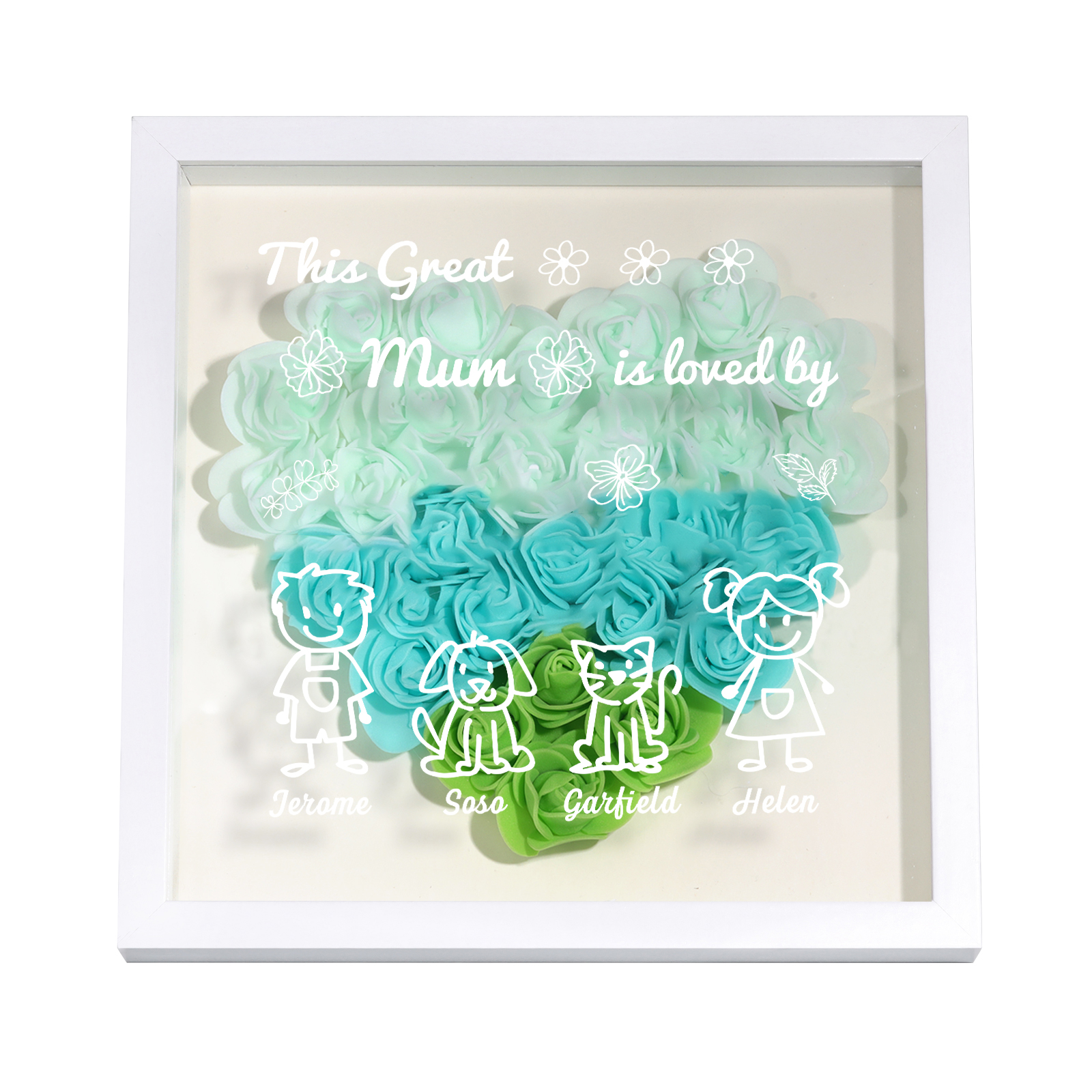 Personalised 3D Floral Shadow Box – Custom 4 Kids&Pets Names –This Great Mum Is Loved By- Gift for Mum, Nan & Loved Ones| Jessemade