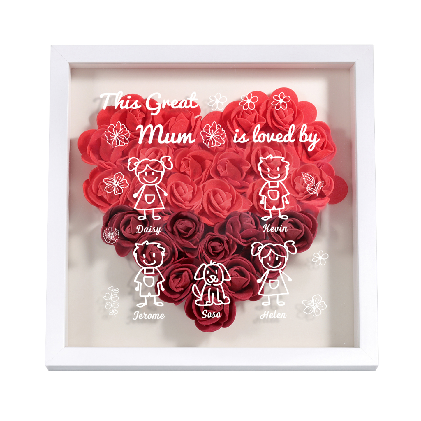 Personalised 3D Floral Shadow Box – Custom 5 Kids&Pets Names –This Great Mum Is Loved By- Gift for Mum, Nan & Loved Ones| Jessemade