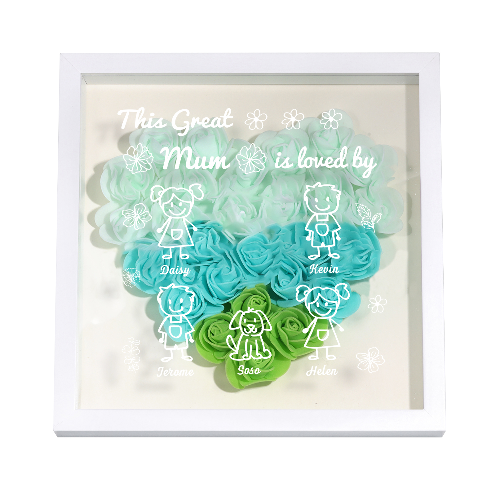 Personalised 3D Floral Shadow Box – Custom 5 Kids&Pets Names –This Great Mum Is Loved By- Gift for Mum, Nan & Loved Ones| Jessemade