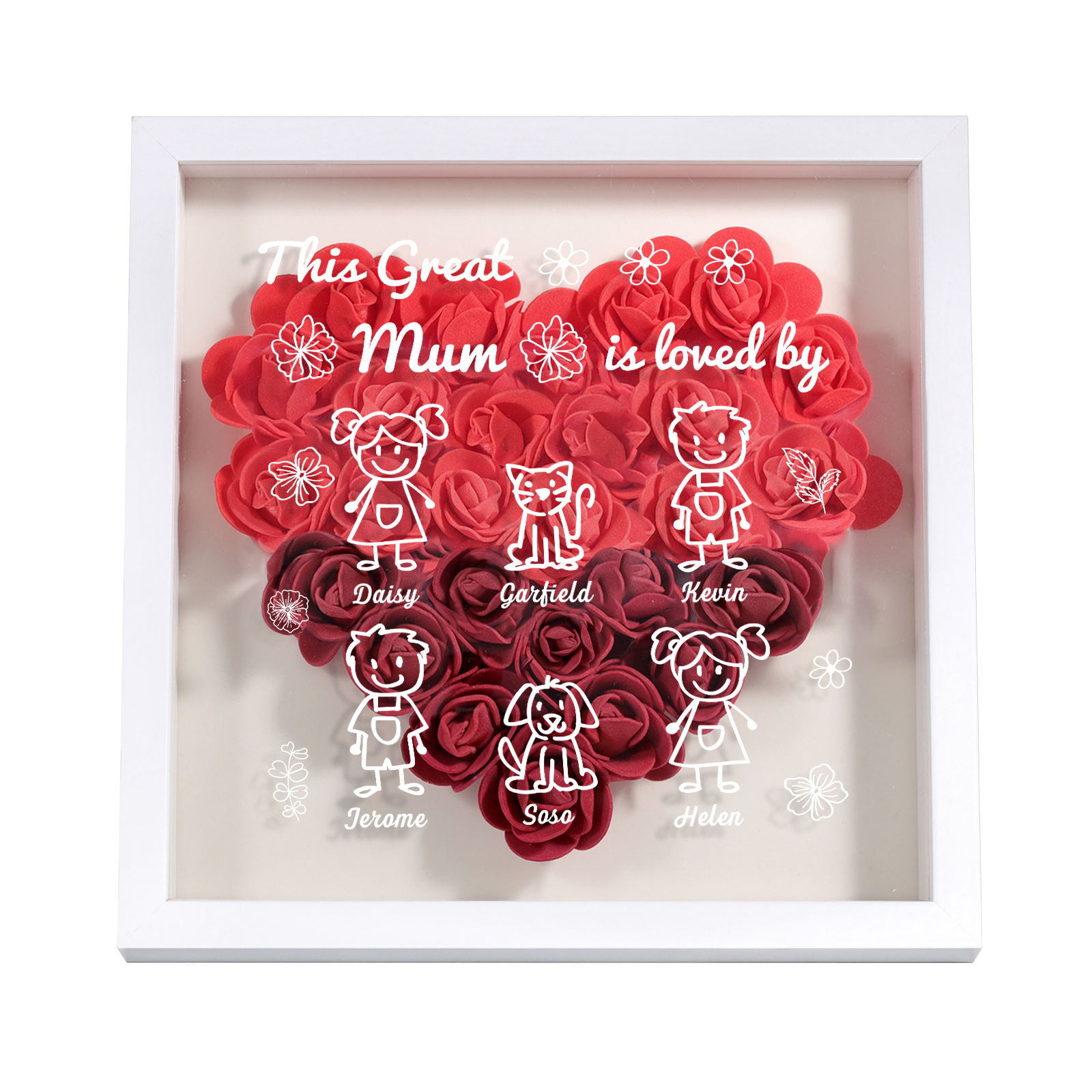 Personalised 3D Floral Shadow Box – Custom 6 Kids&Pets Names –This Great Mum Is Loved By- Gift for Mum, Nan & Loved Ones| Jessemade