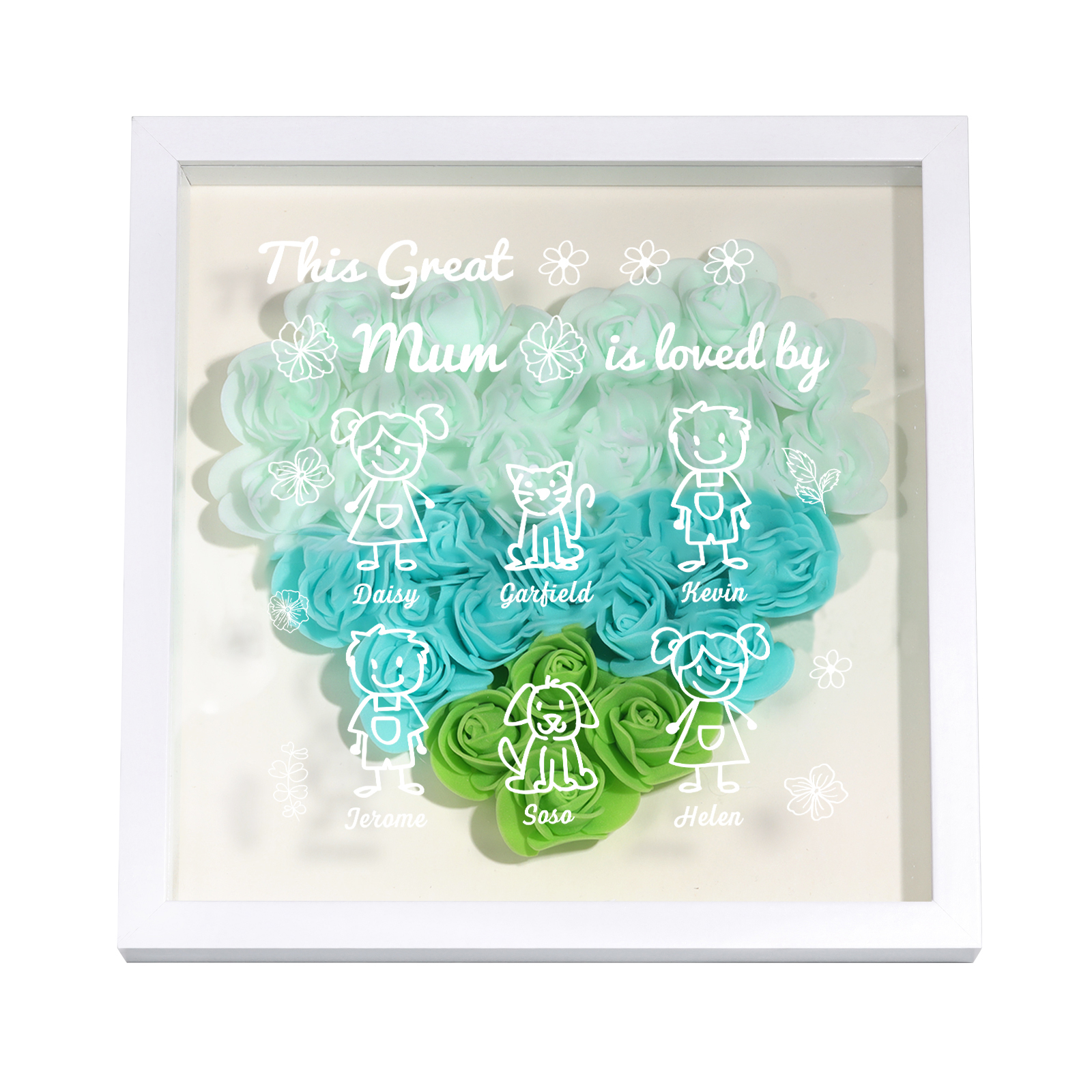 Personalised 3D Floral Shadow Box – Custom 6 Kids&Pets Names –This Great Mum Is Loved By- Gift for Mum, Nan & Loved Ones| Jessemade