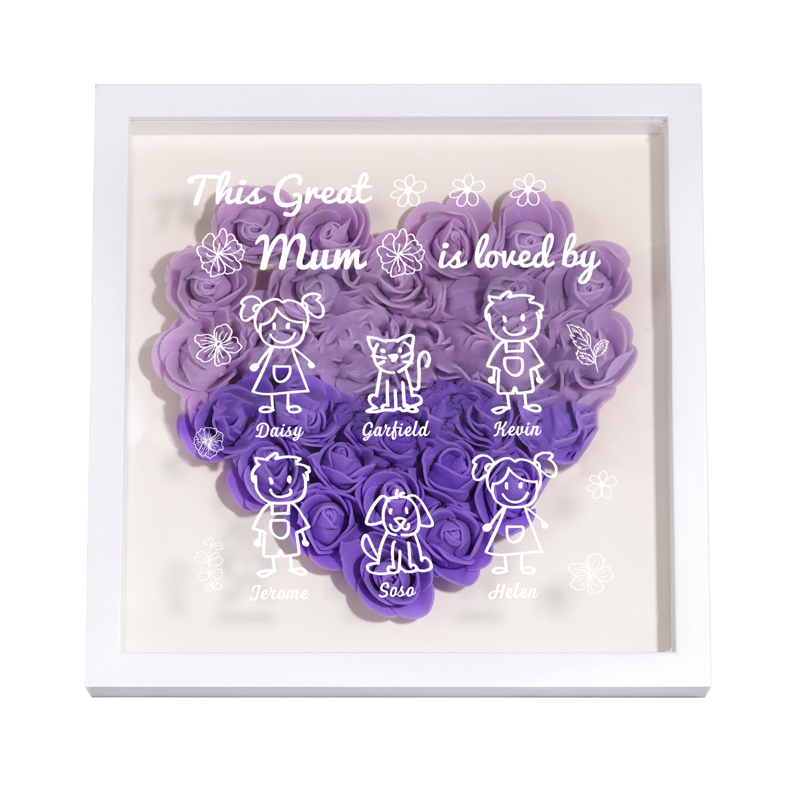 Personalised 3D Floral Shadow Box – Custom 6 Kids&Pets Names –This Great Mum Is Loved By- Gift for Mum, Nan & Loved Ones| Jessemade