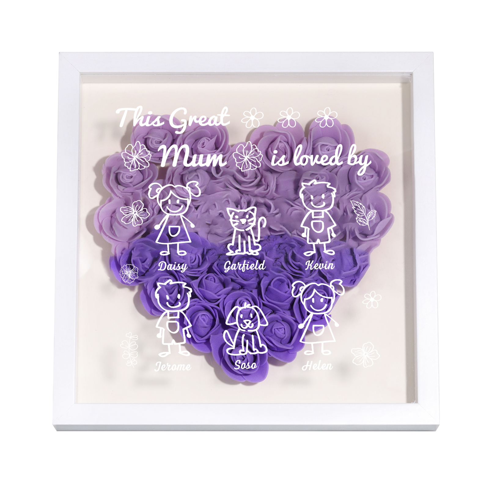 Personalised 3D Floral Shadow Box – Custom 6 Kids&Pets Names –This Great Mum Is Loved By- Gift for Mum, Nan & Loved Ones| Jessemade