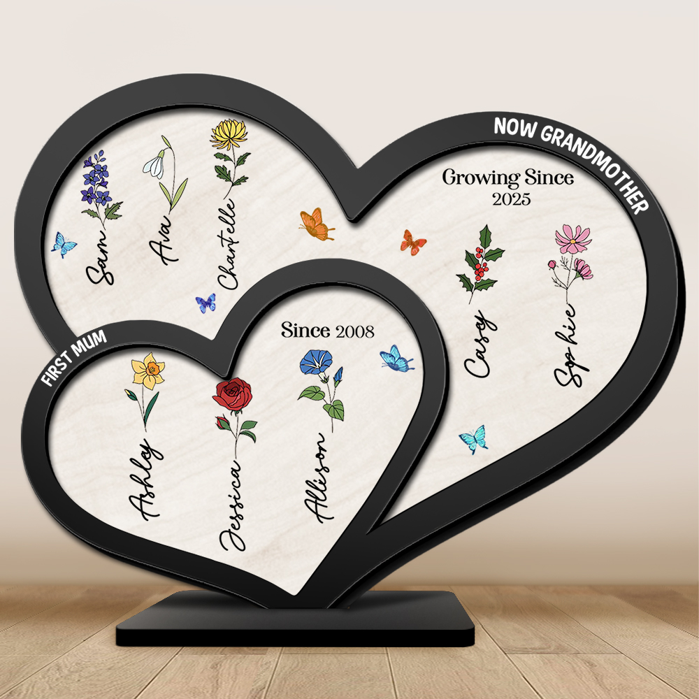 Personalised Flowers Acrylic Heart Plaque Custom 1 Text & 1–10 Names Ornament Gifts for Nan/Mum | Jessemade