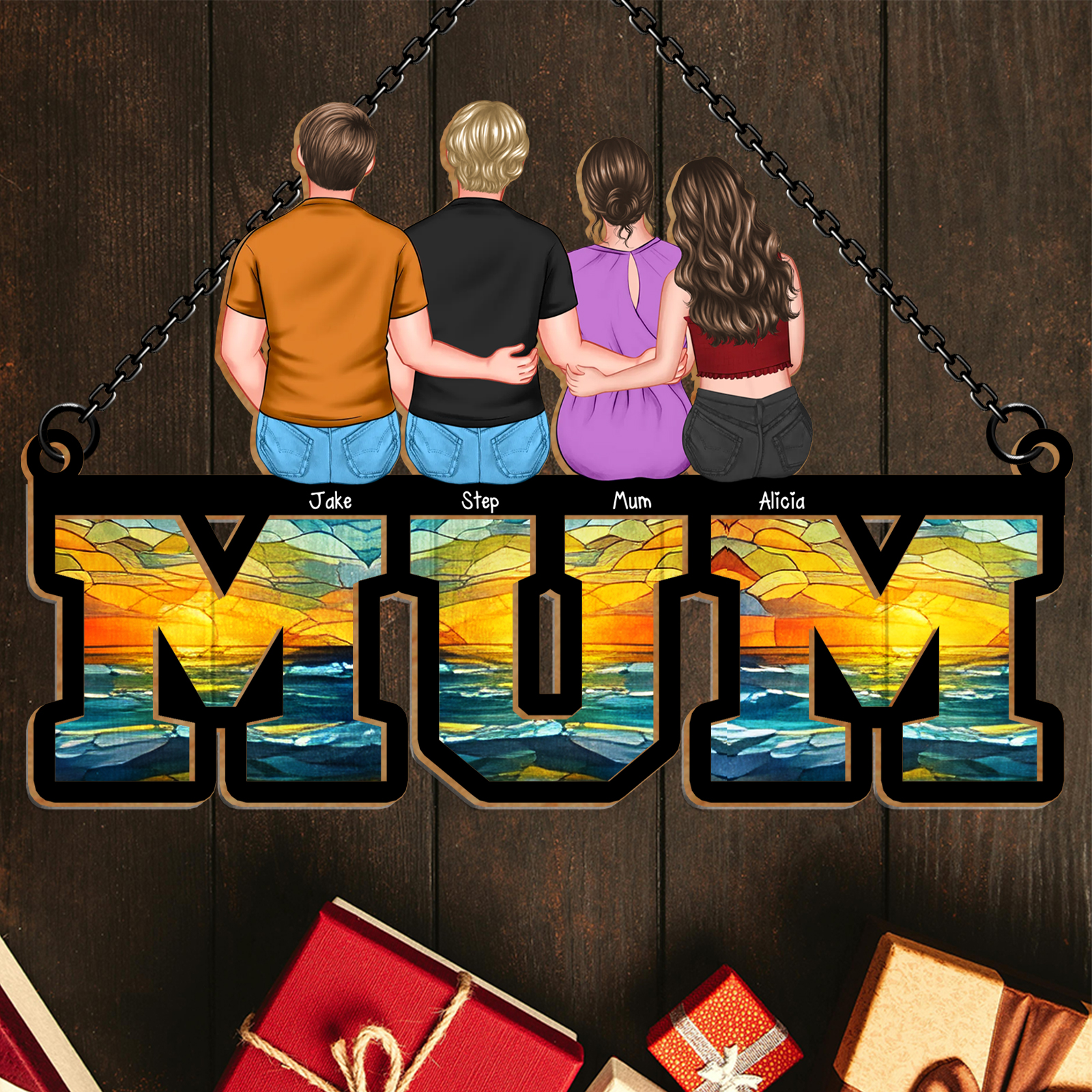 Personalised “MUM” Hanging Sign – Custom Mother’s Day Gift with Family Illustration and Names | Jessemade