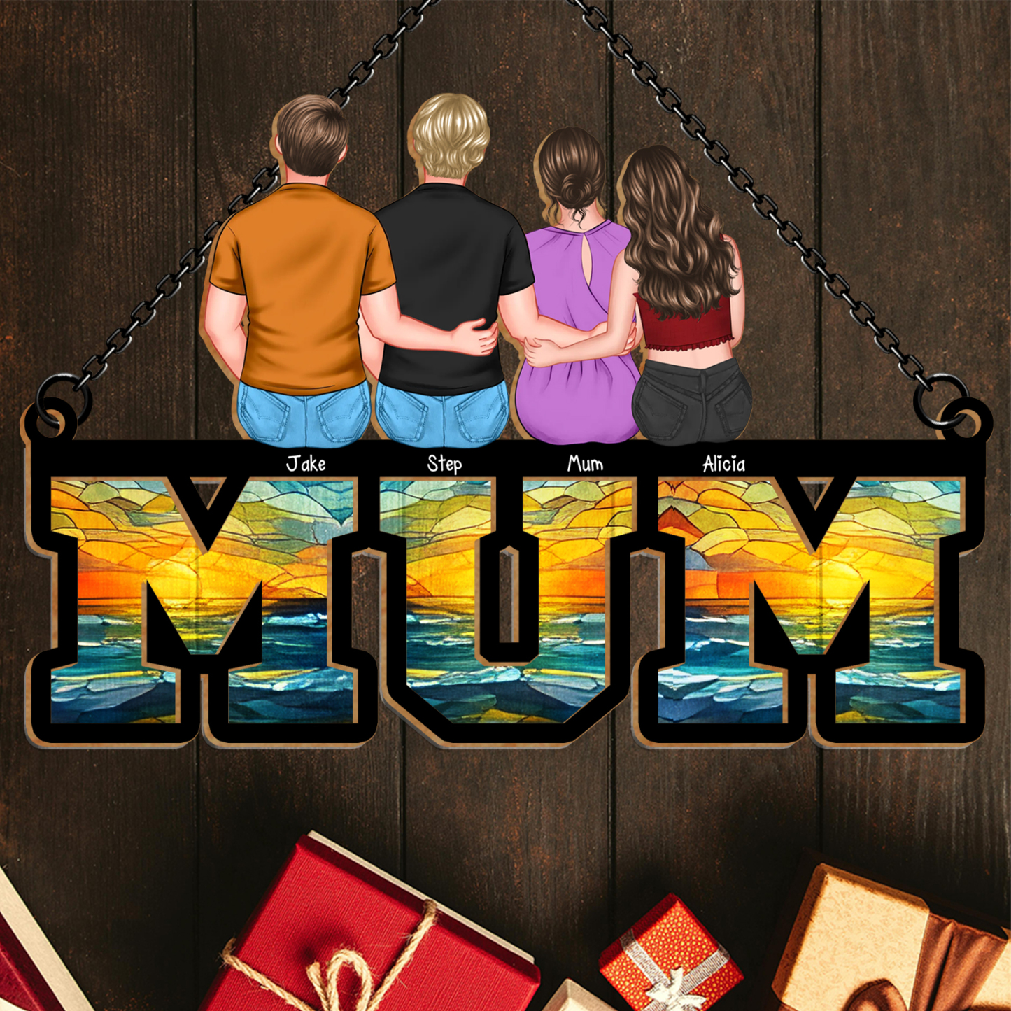 Personalised “MUM” Hanging Sign – Custom Mother’s Day Gift with Family Illustration and Names | Jessemade