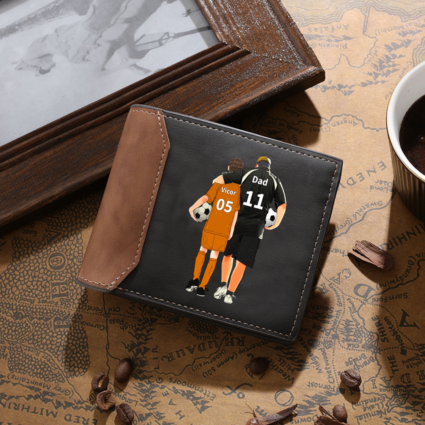 Custom Father & Child Wallet – Personalised Name & Number Gift for Dad - Soccer Sports Fan Wallet | Jessemade