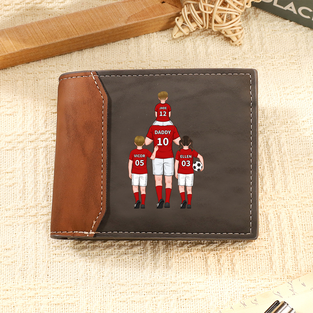 Personalised Football Family Leather Men's Wallet With Custom 1-8 Kid's Names Various Designs Christmas Gift For Dad | Jessemade