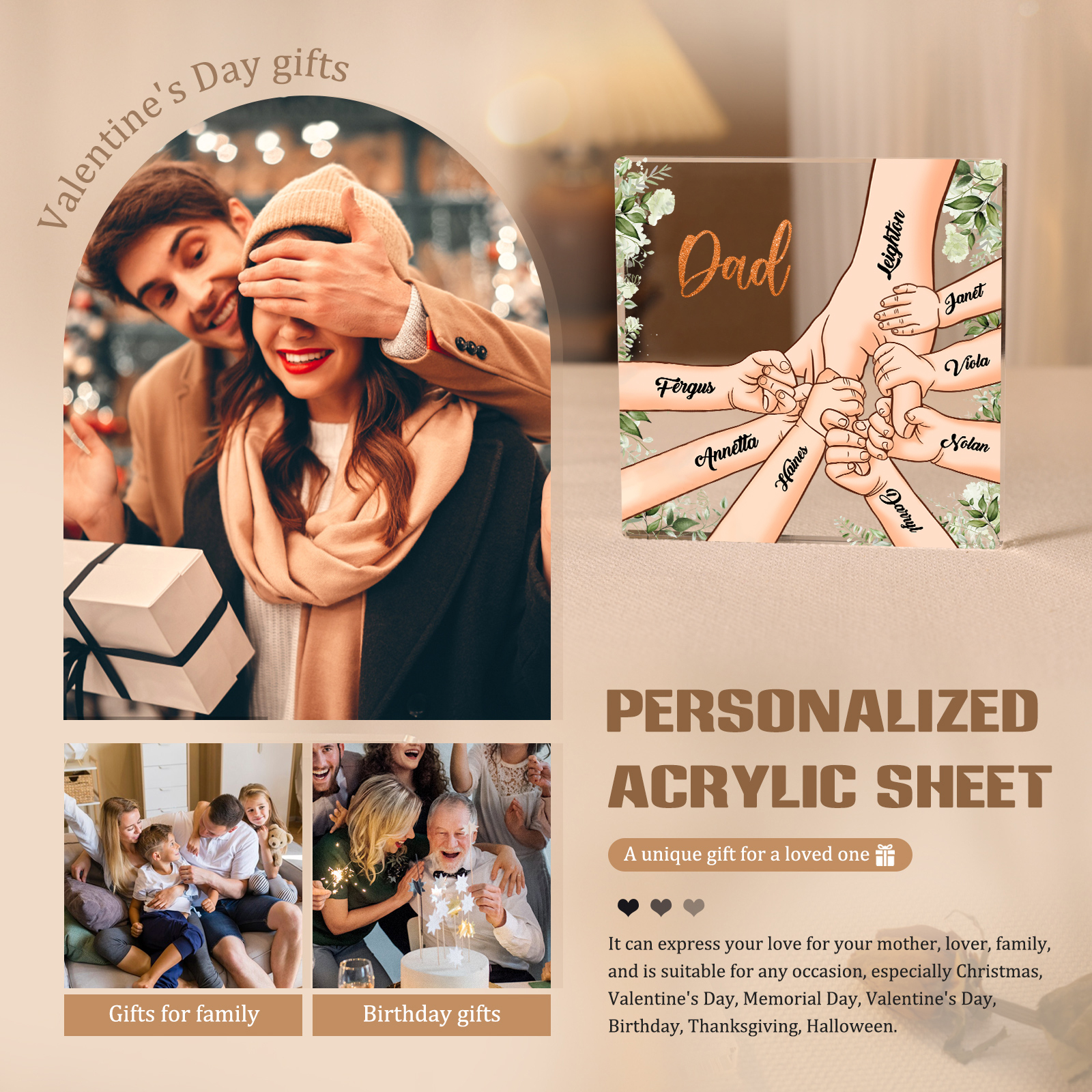 8 Names & 1 Text Personalised Acrylic Plaque for Dad - Custom Holding Hands Father's Day Gift | Jessemade