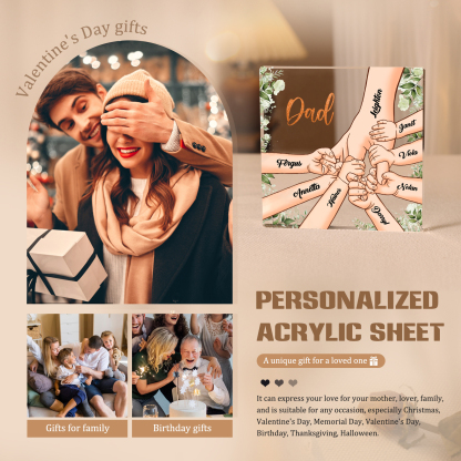 8 Names & 1 Text Personalised Acrylic Plaque for Dad - Custom Holding Hands Father's Day Gift | Jessemade