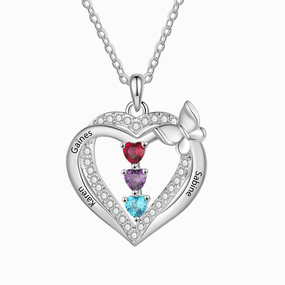 Personalised 1-3 Names Butterfly Heart Birthstone Necklace