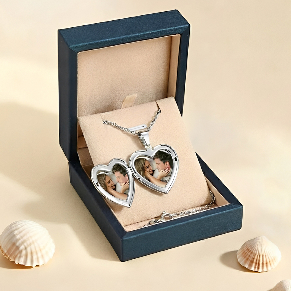Personalised Heart Shaped Locket Necklace Custom with 2 Photos and 1 Text for Her | Jessemade