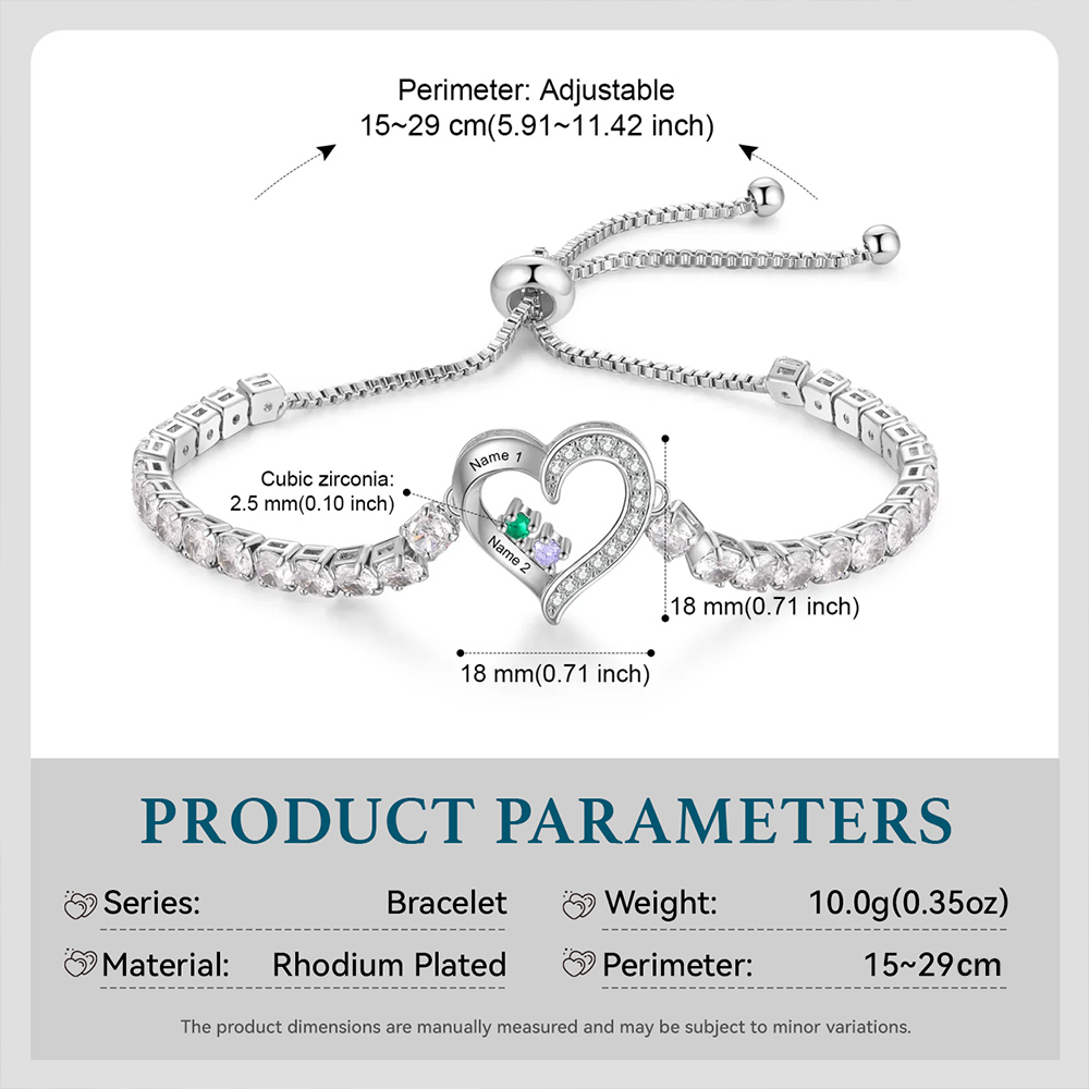 Personalised 2-4 Names & Birthstones Heart Tennis Bracelet-Gift for Mum/Her