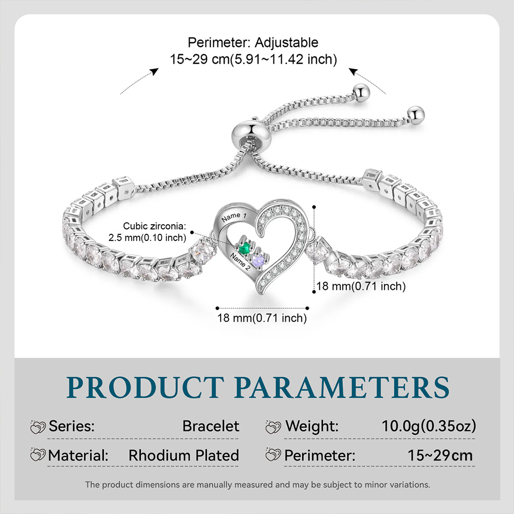 Personalised 2-4 Names & Birthstones Heart Tennis Bracelet-Gift for Mum/Her