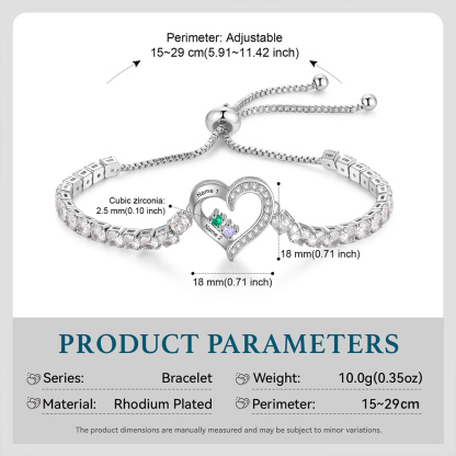 Personalised 2-4 Names & Birthstones Heart Tennis Bracelet-Gift for Mum/Her