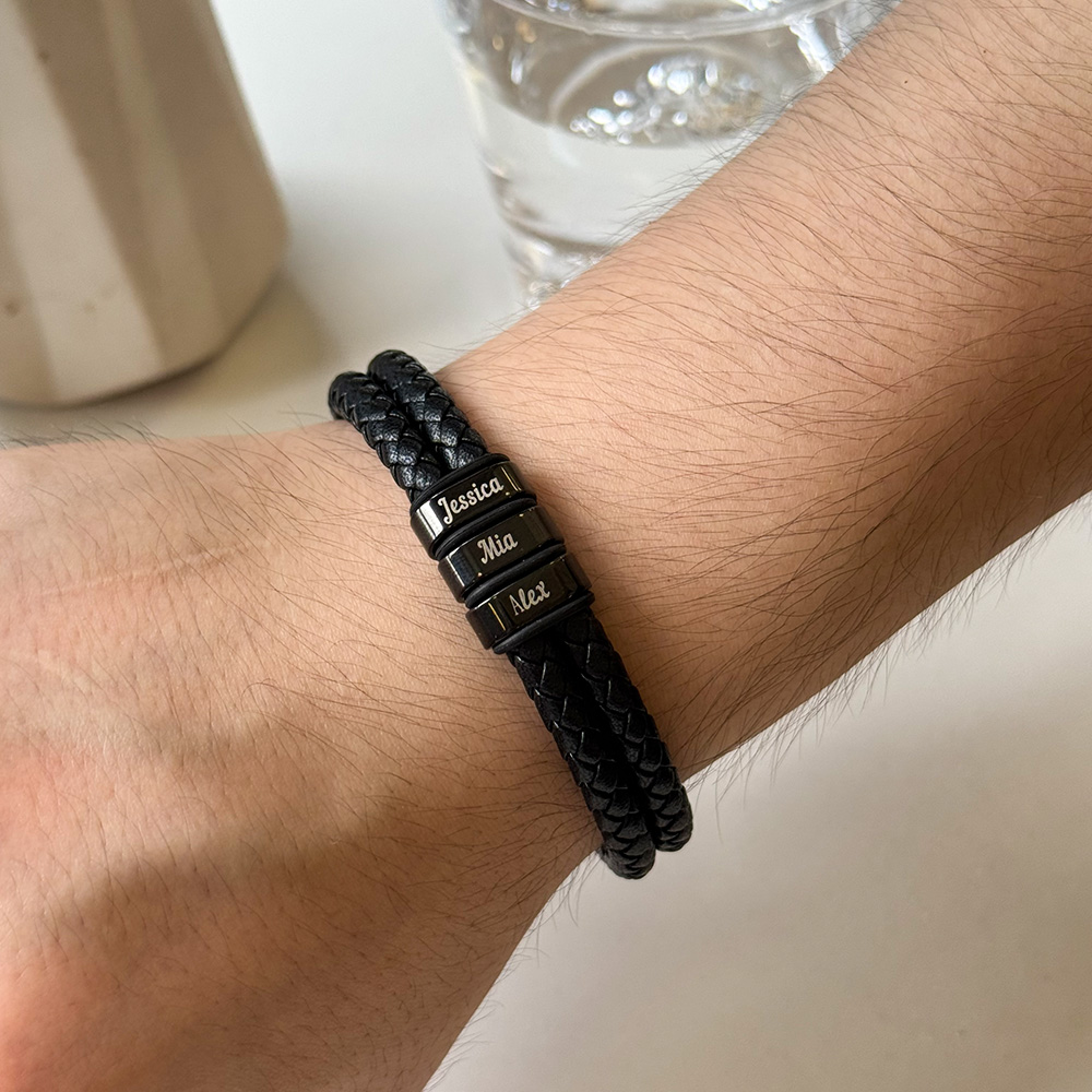 Personalised Braided Leather Men's Bracelet with 2-6 Names & 1 Text-Custom Gift for Dad or Him