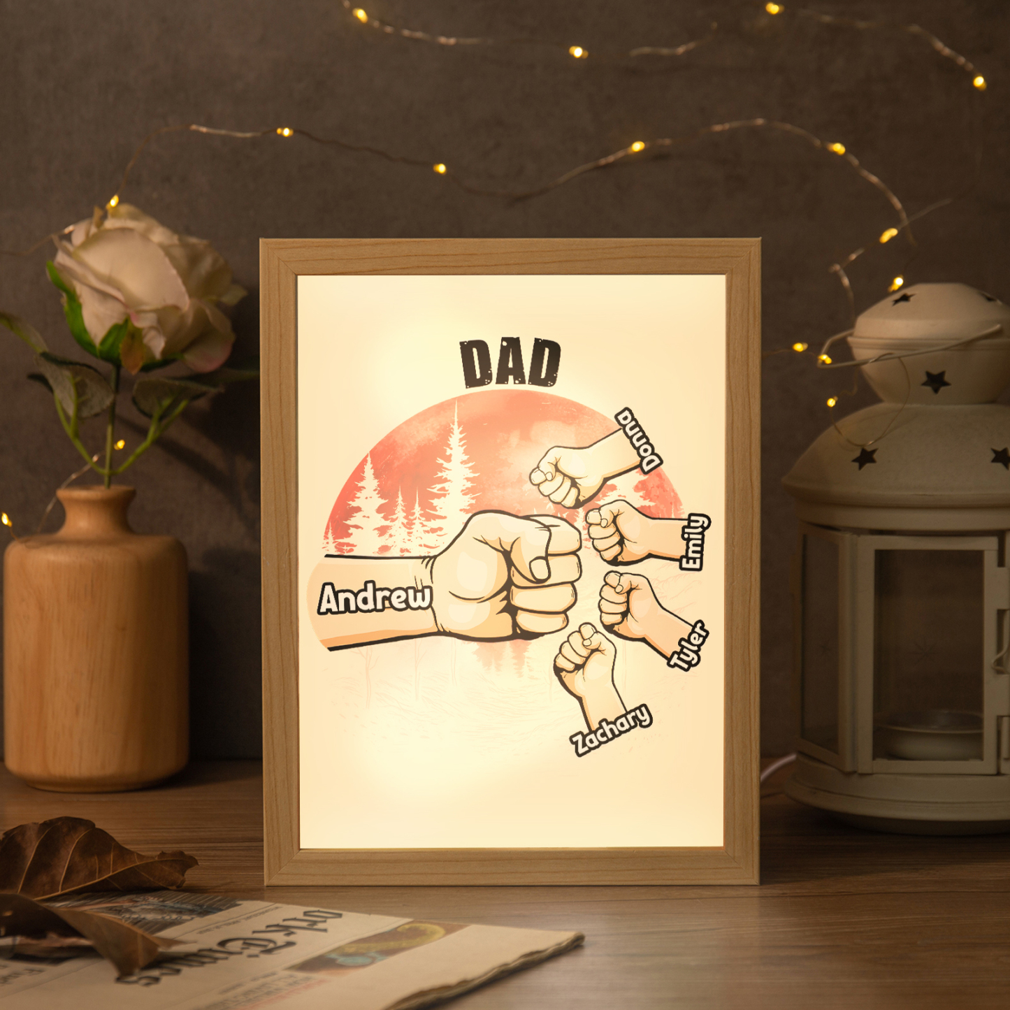 5 Names-Personalized Fist Dad LED Light Wooden Photo Frame -Custom Text & Names, Adjustable 3 Colors