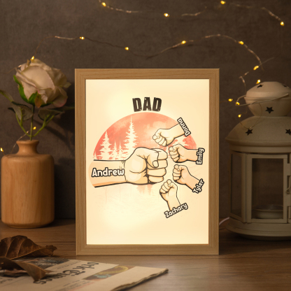 5 Names-Personalized Fist Dad LED Light Wooden Photo Frame -Custom Text & Names, Adjustable 3 Colors