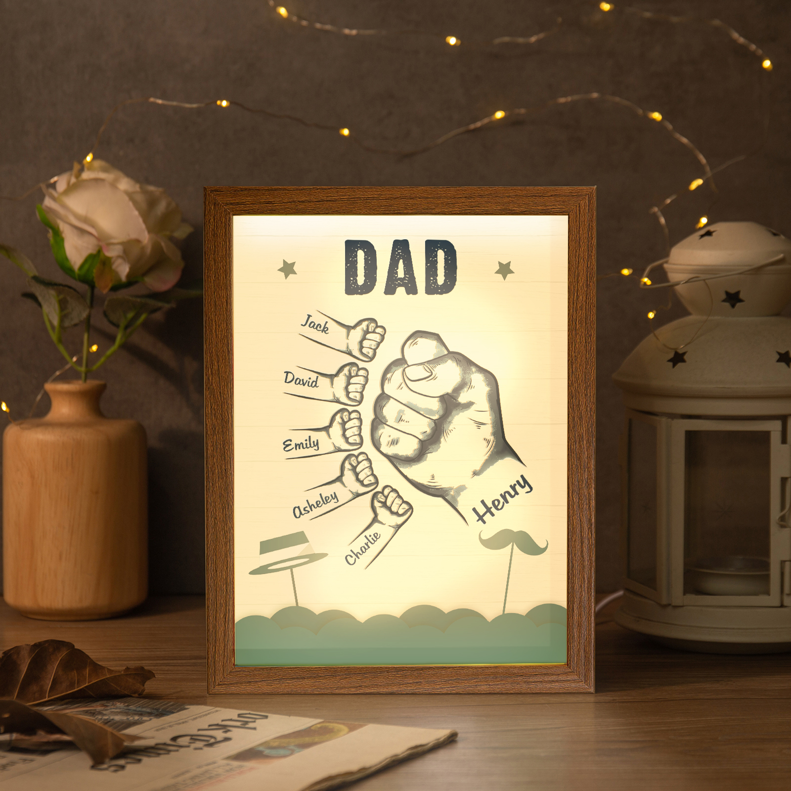 Jessemade UK 6 Names-Personalized Dad LED Light Fist Wooden Photo Frame -Custom Text & Names, Adjustable 3 Colors 28.99 t1-n6