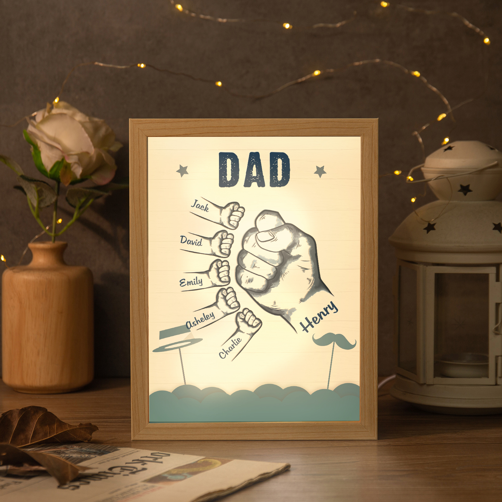 6 Names-Personalized Dad LED Light Fist Wooden Photo Frame -Custom Text & Names, Adjustable 3 Colors