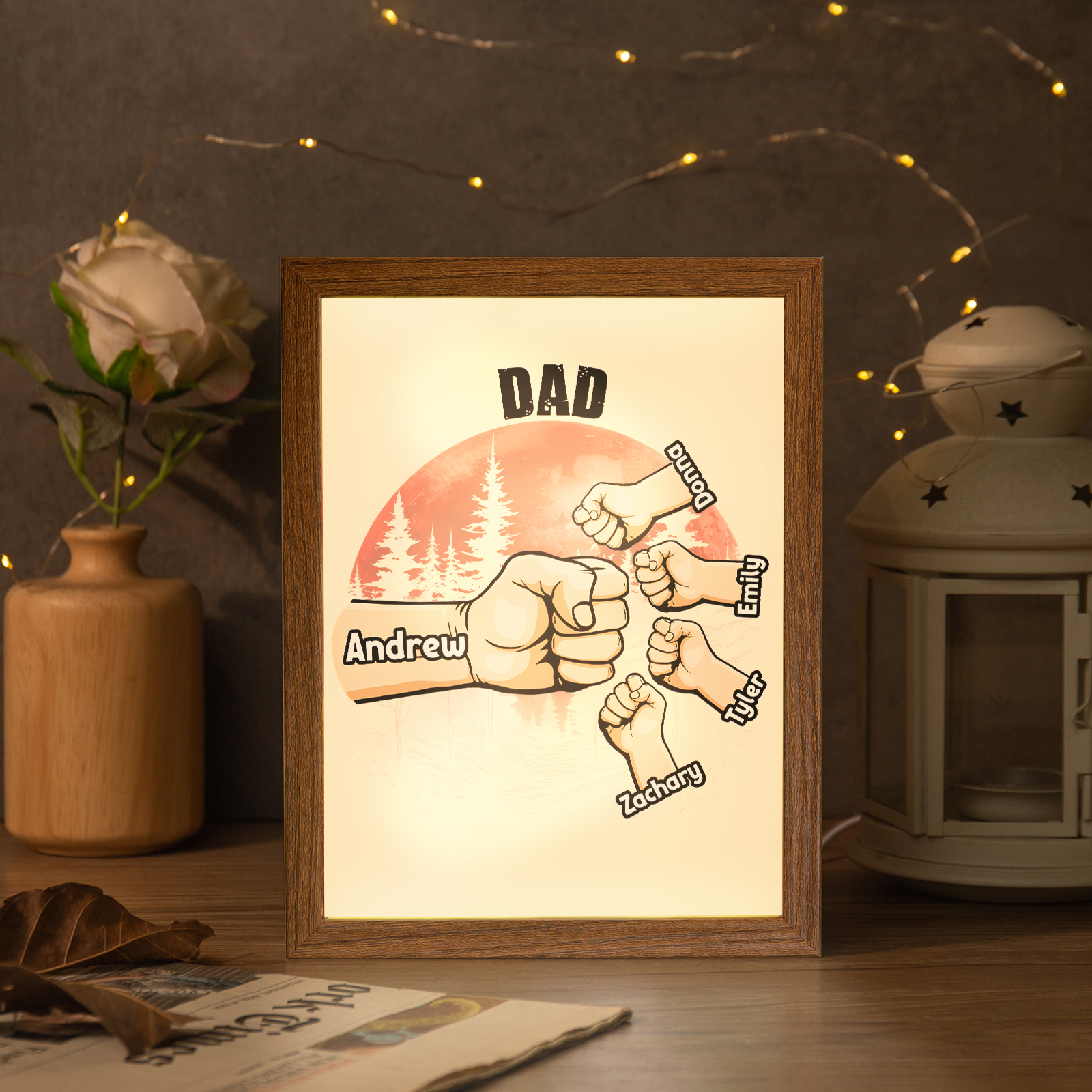 5 Names-Personalized Fist Dad LED Light Wooden Photo Frame -Custom Text & Names, Adjustable 3 Colors
