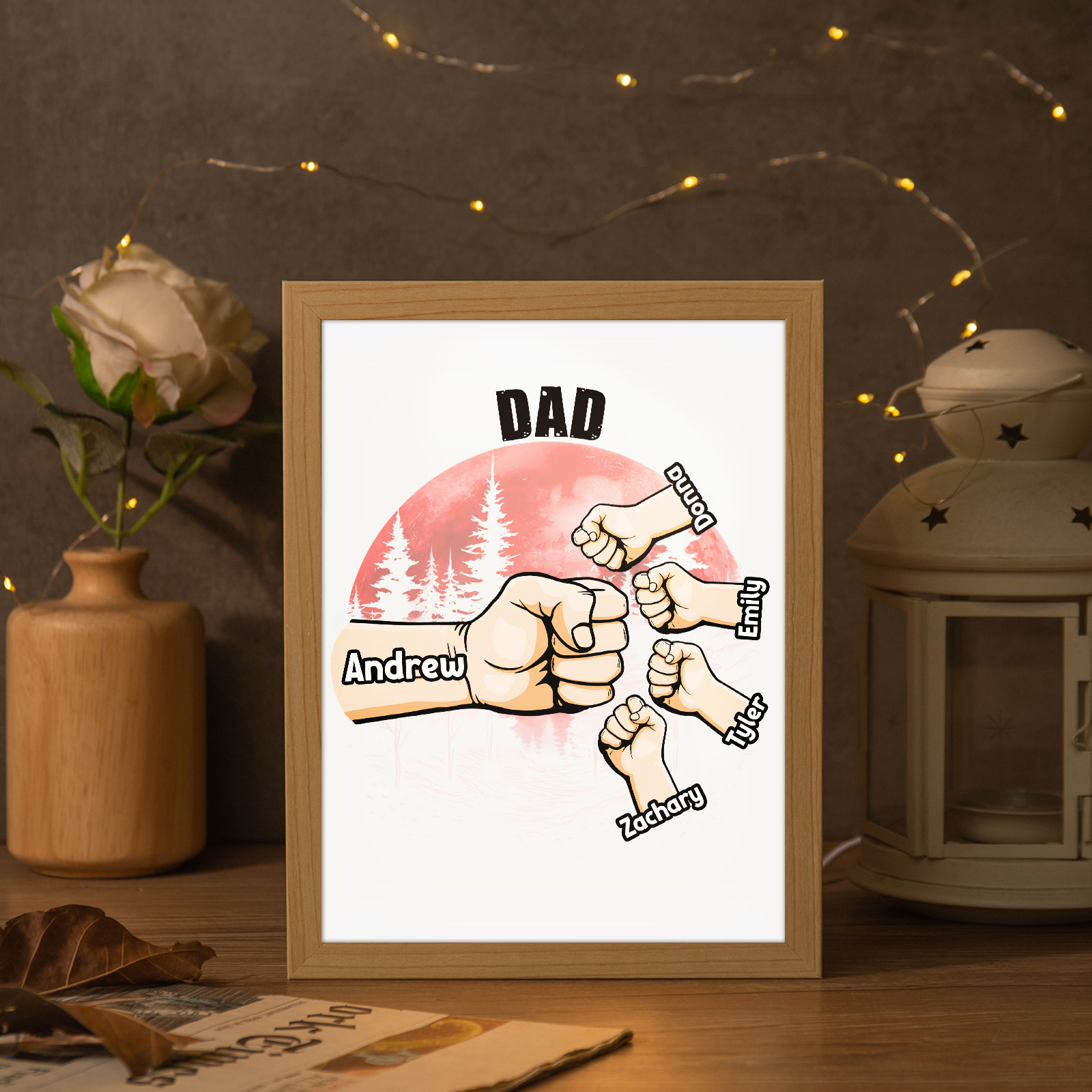 5 Names-Personalized Fist Dad LED Light Wooden Photo Frame -Custom Text & Names, Adjustable 3 Colors