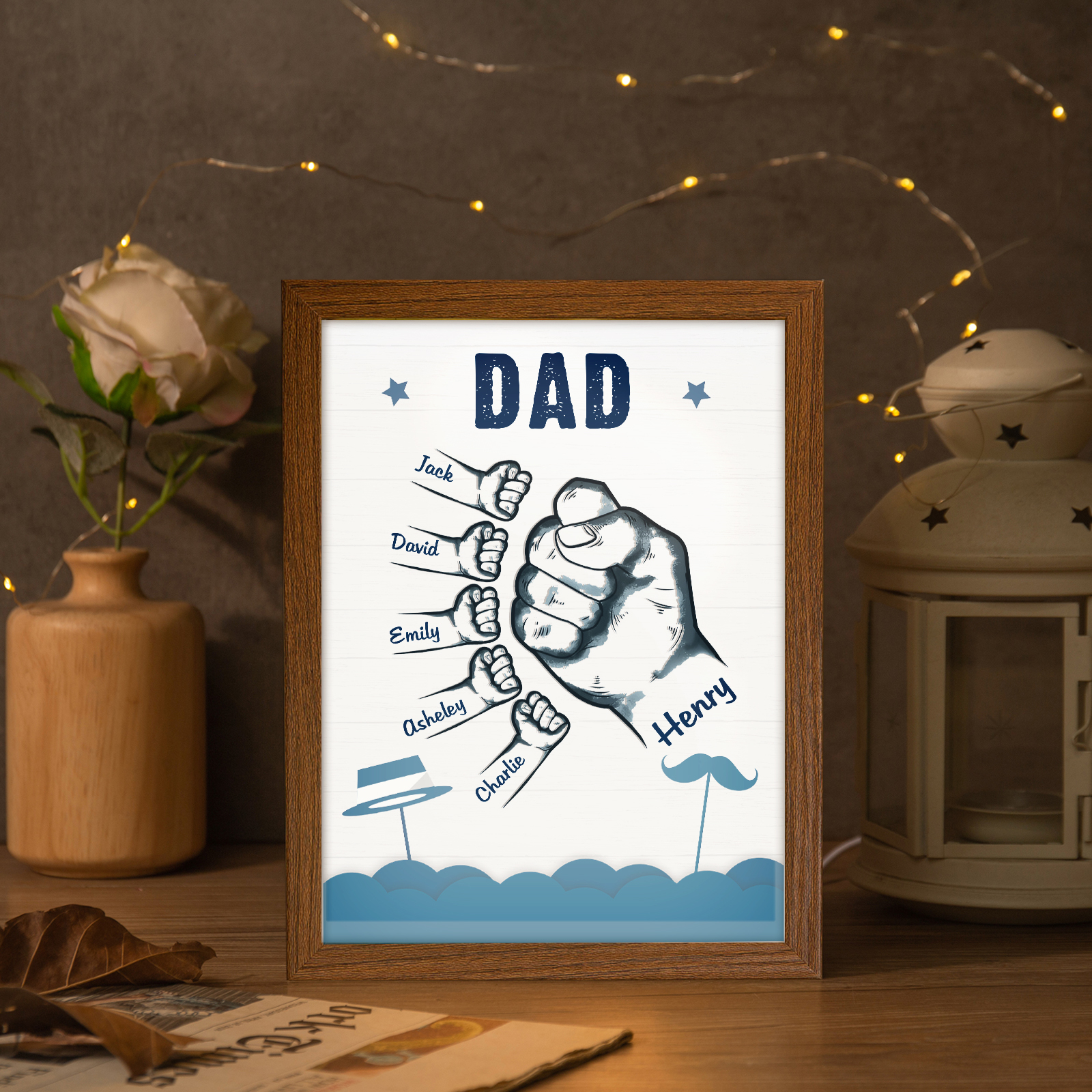 6 Names-Personalized Dad LED Light Fist Wooden Photo Frame -Custom Text & Names, Adjustable 3 Colors