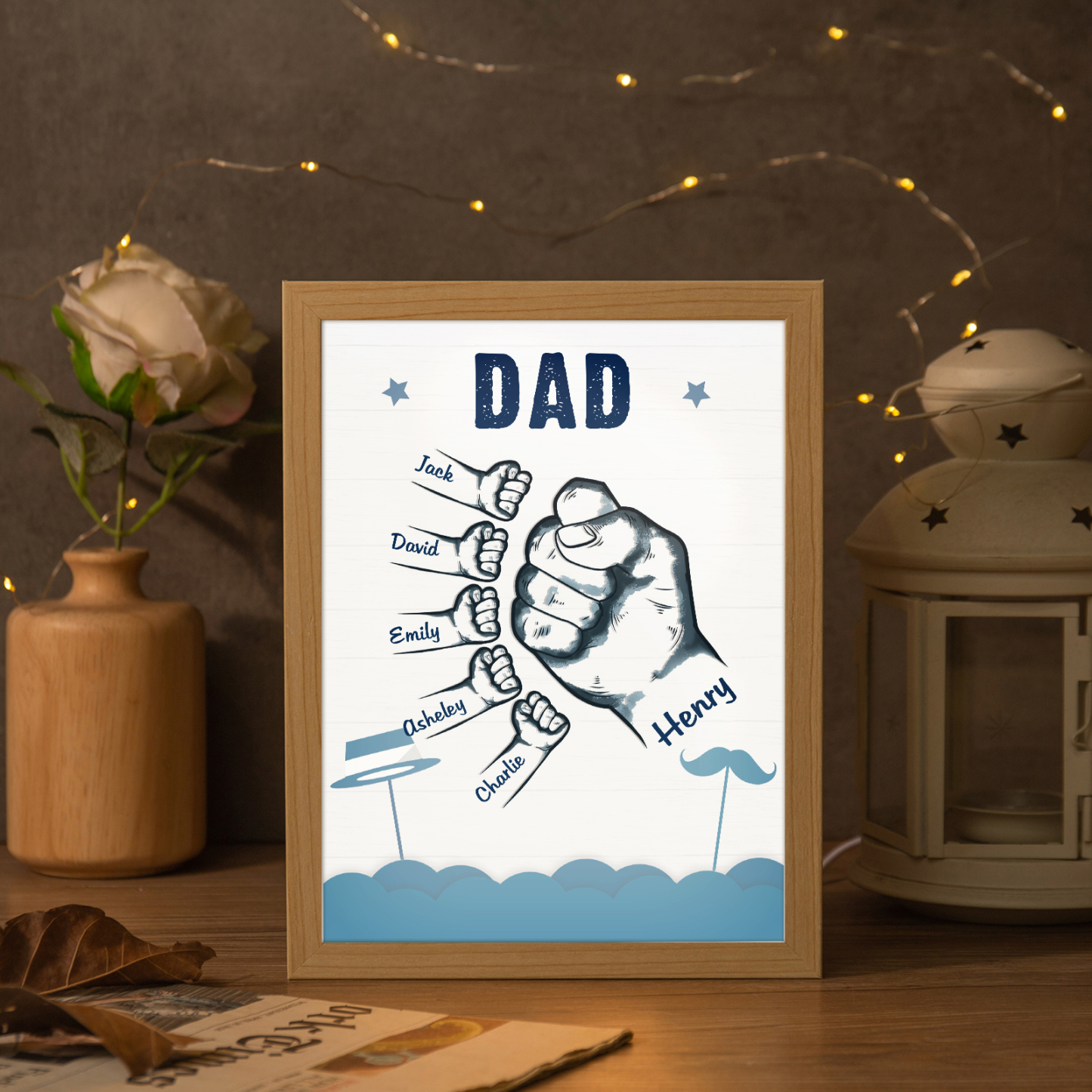 6 Names-Personalized Dad LED Light Fist Wooden Photo Frame -Custom Text & Names, Adjustable 3 Colors